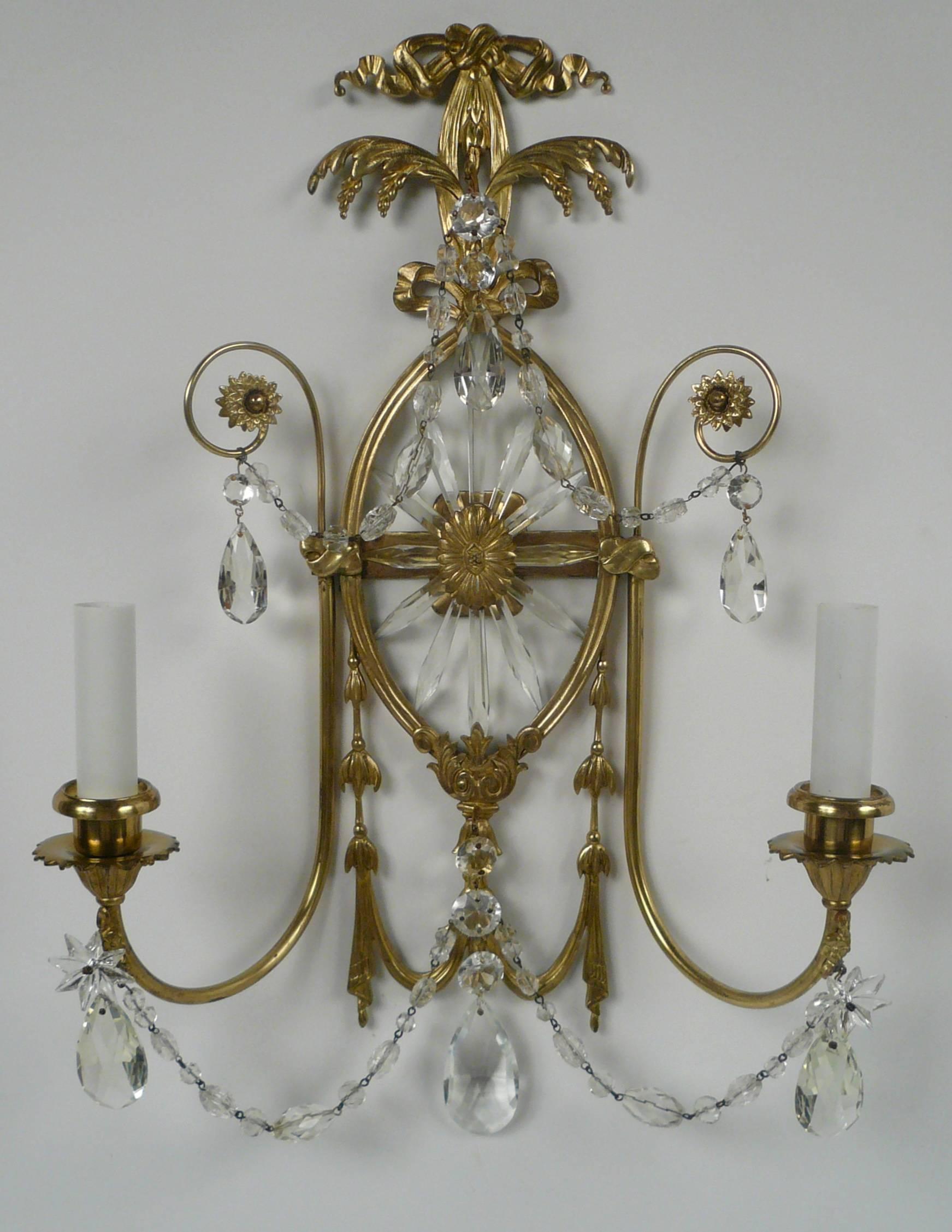 Pair of E. F. Caldwell Cut Crystal and Brass Two-Light Sconces 2