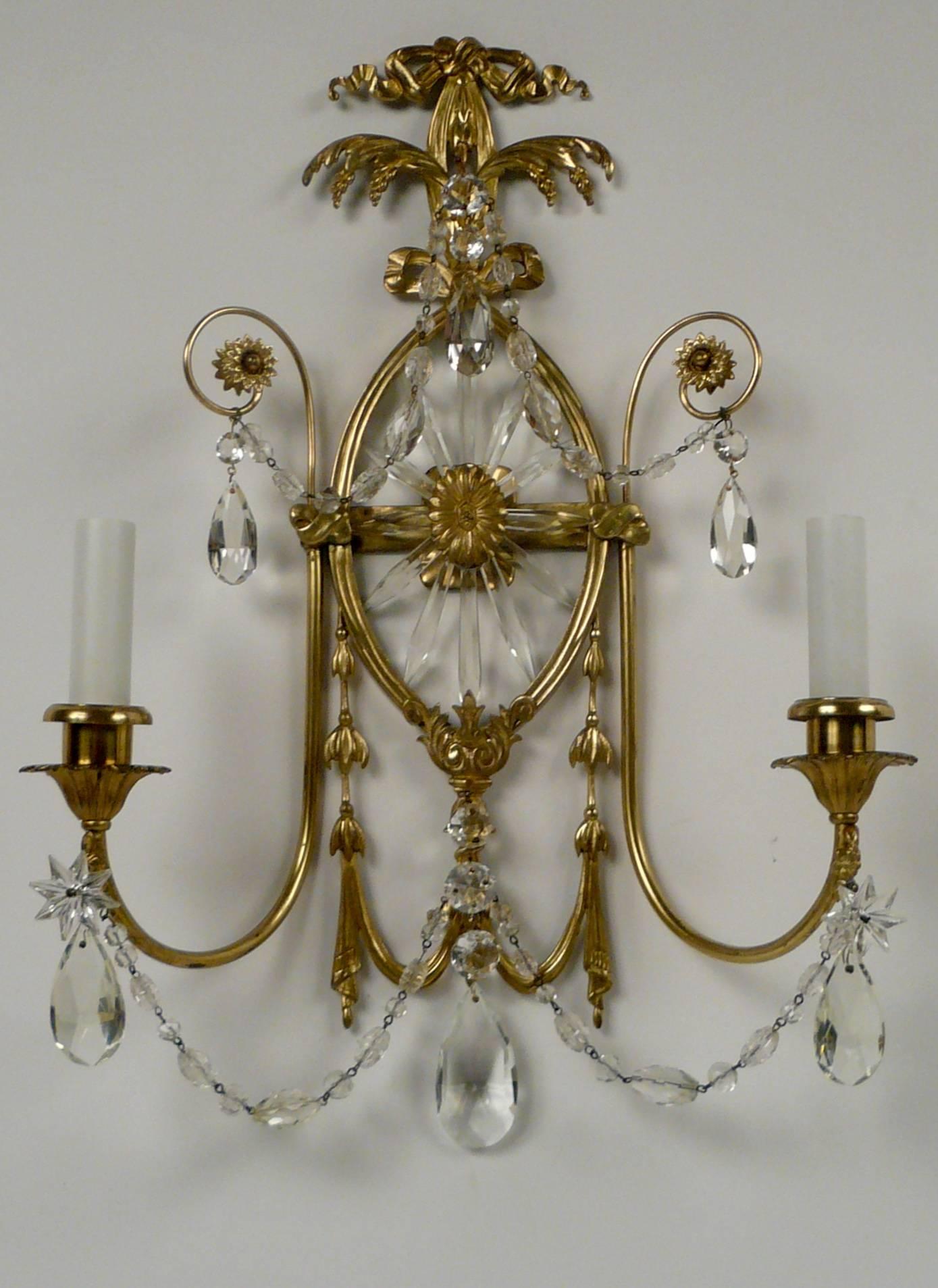 Pair of E. F. Caldwell Cut Crystal and Brass Two-Light Sconces 3