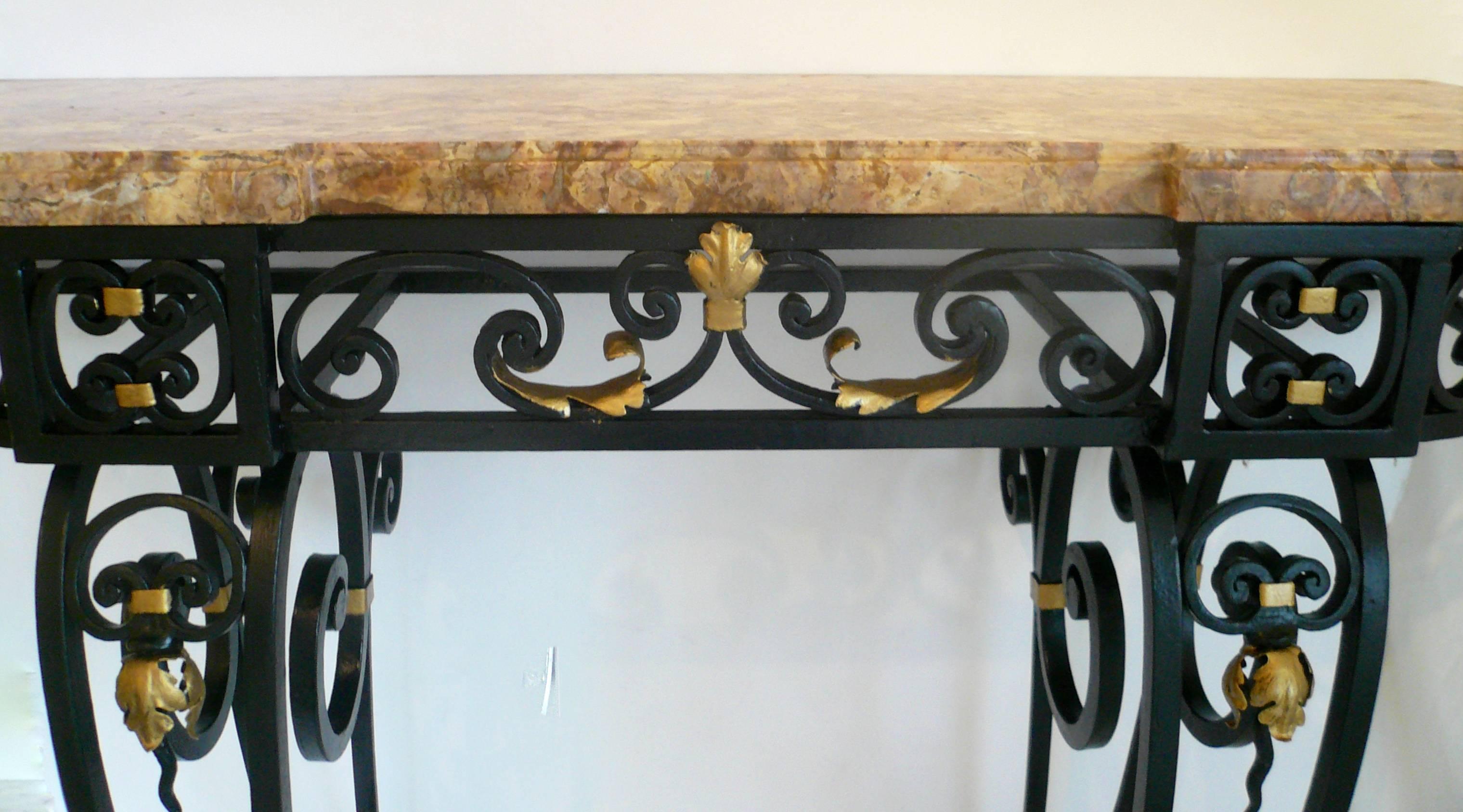 Art Deco Early 20th Century French Wrought Iron Marble-Top Console Table