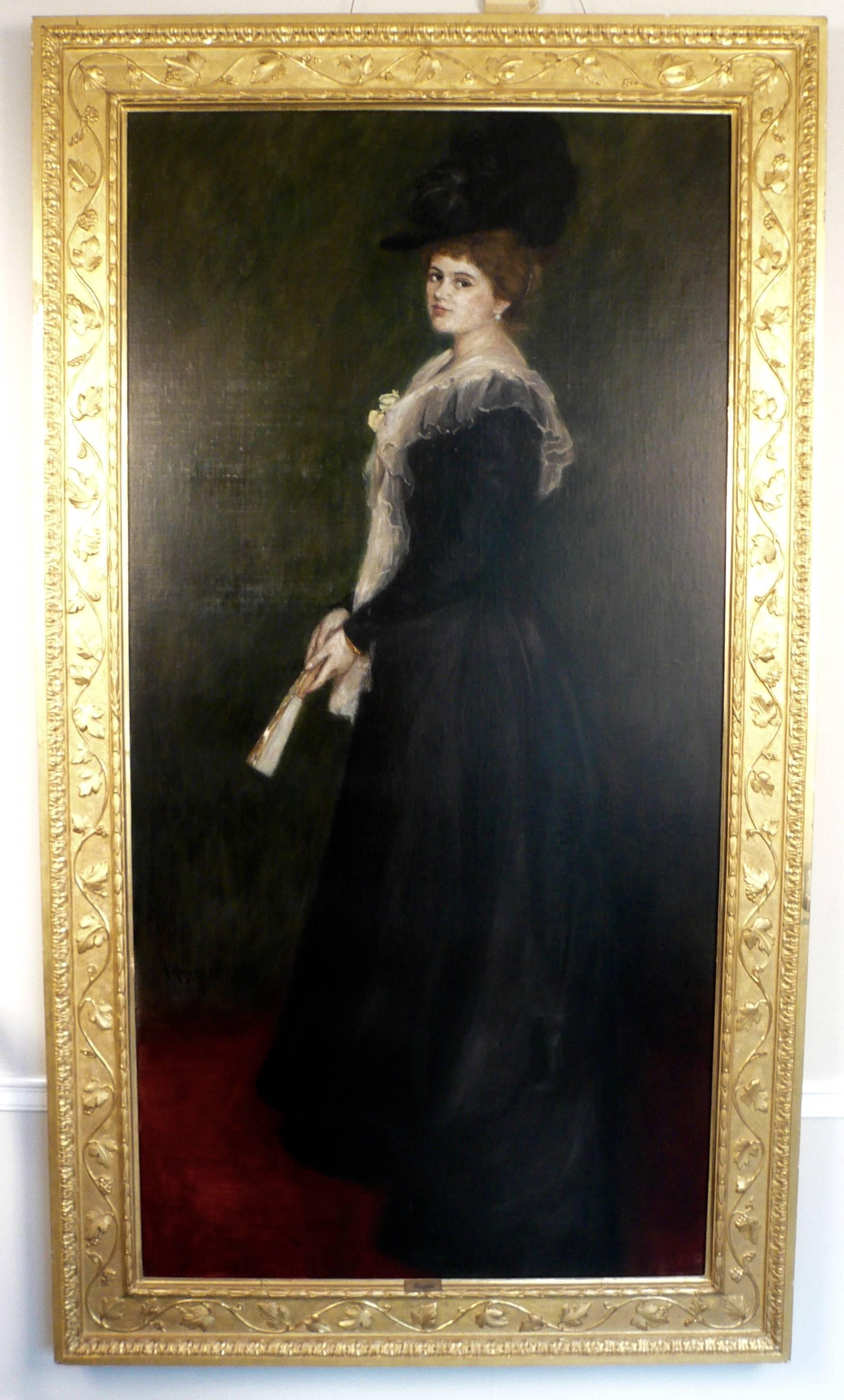 Belle Époque Gilded Age Portrait of a Lady with Fan, Signed A. Roegels, 1899