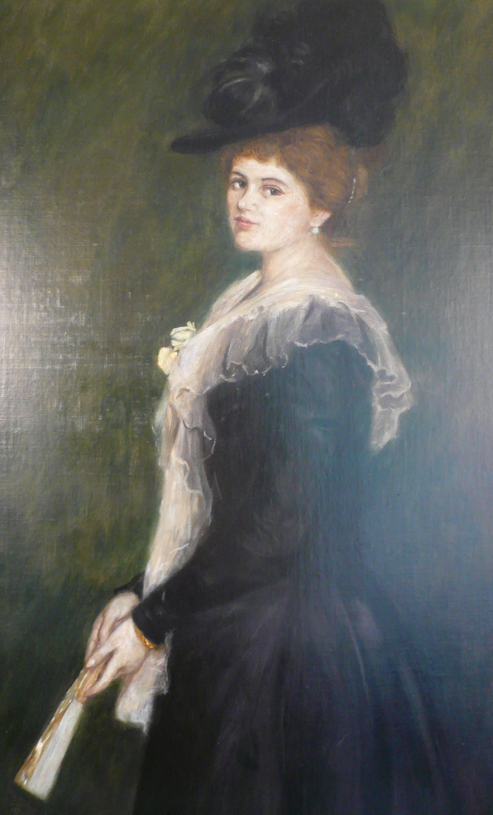 European Gilded Age Portrait of a Lady with Fan, Signed A. Roegels, 1899