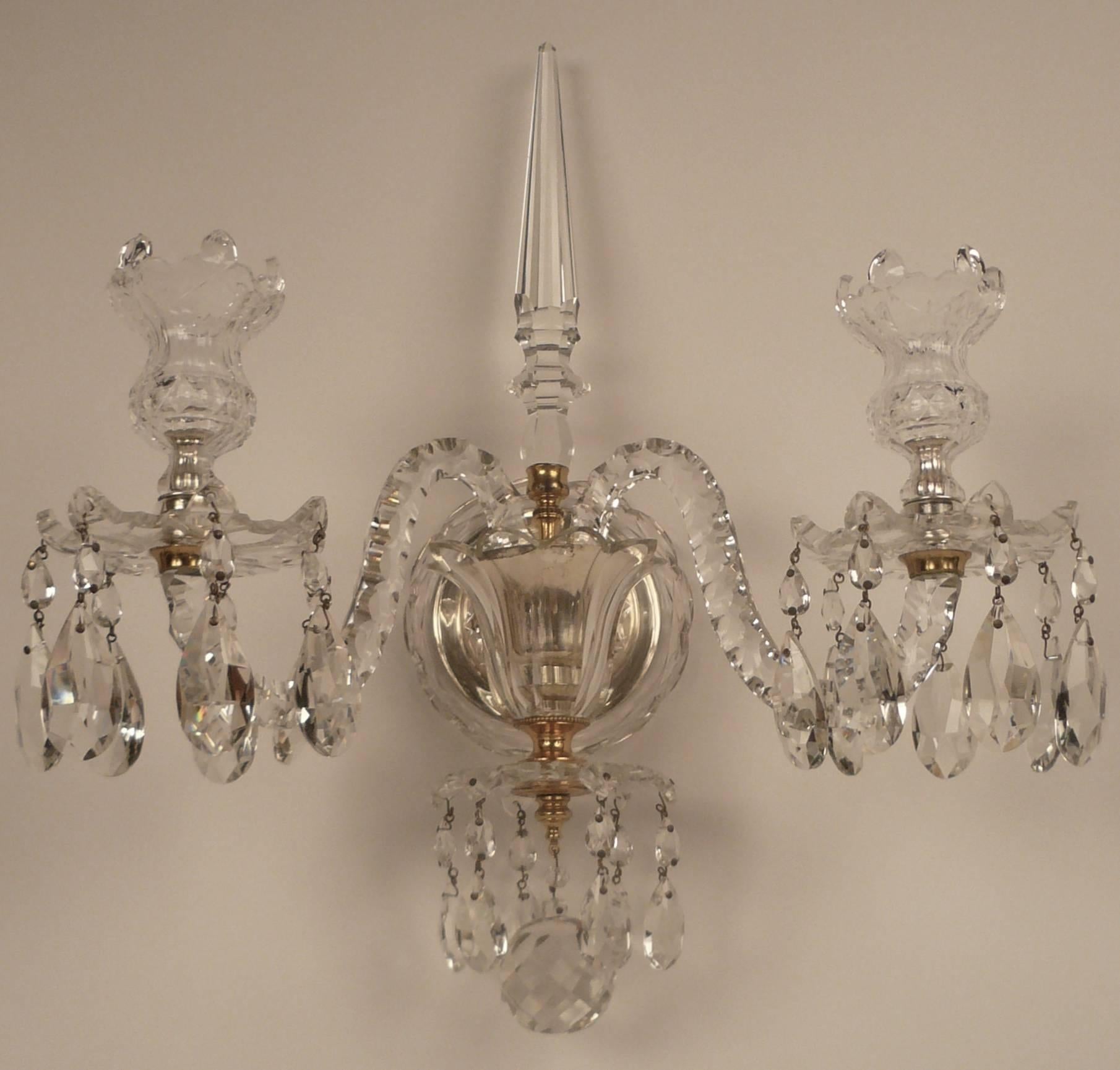 Faceted Pair of Caldwell Georgian Style Cut Crystal and Gilt Bronze Sconces For Sale