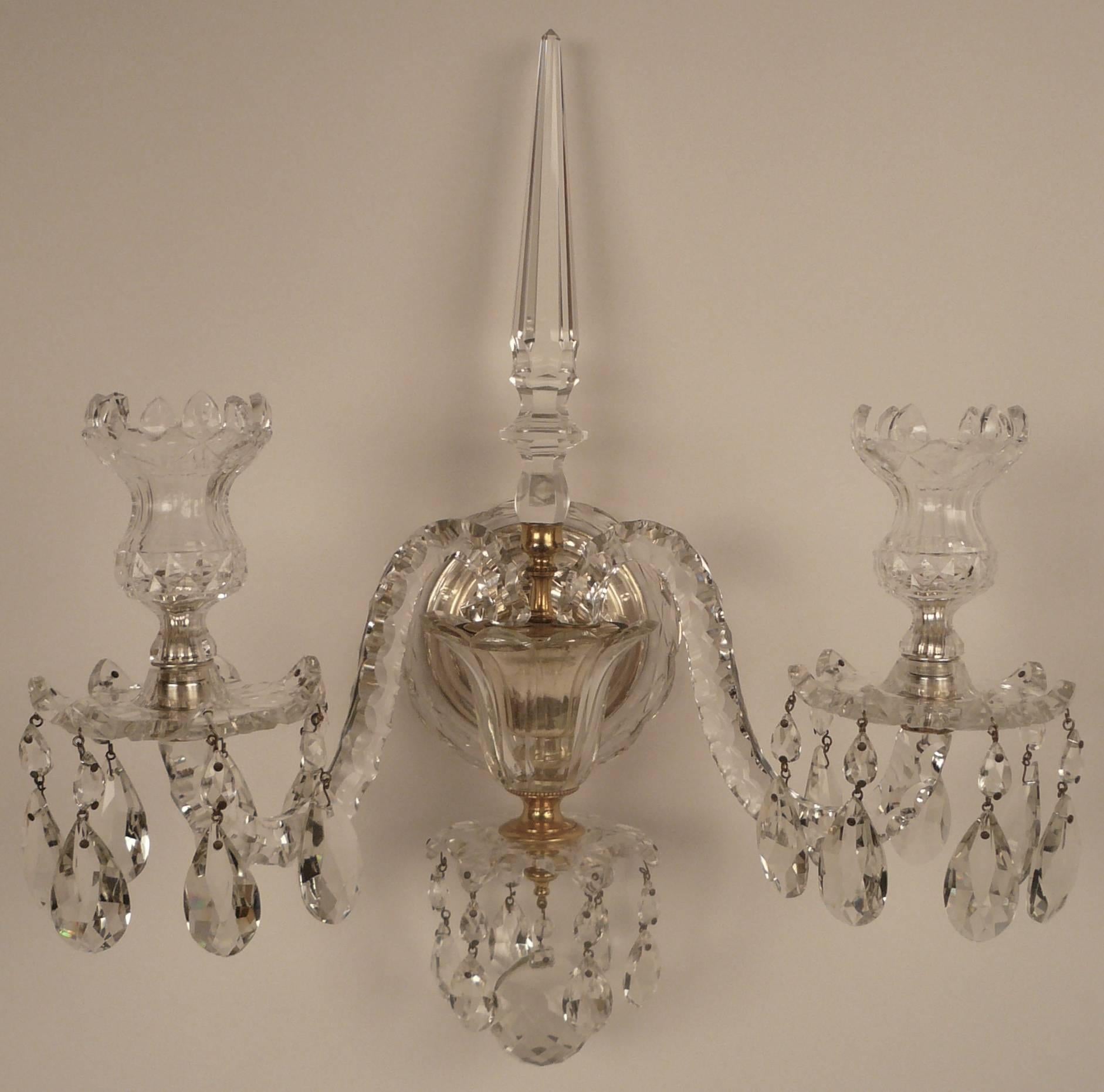 19th Century Pair of Caldwell Georgian Style Cut Crystal and Gilt Bronze Sconces For Sale