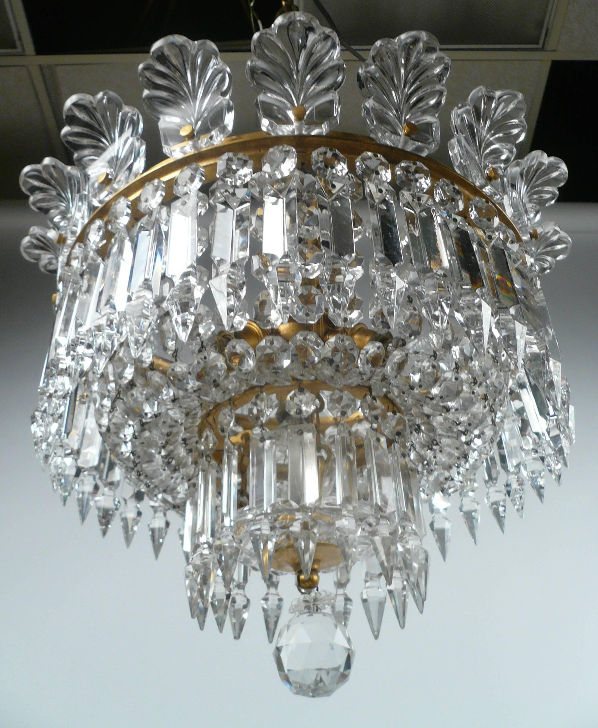 Faceted Signed Baccarat 'Crinoline' Gilt Bronze and Cut Crystal Chandelier