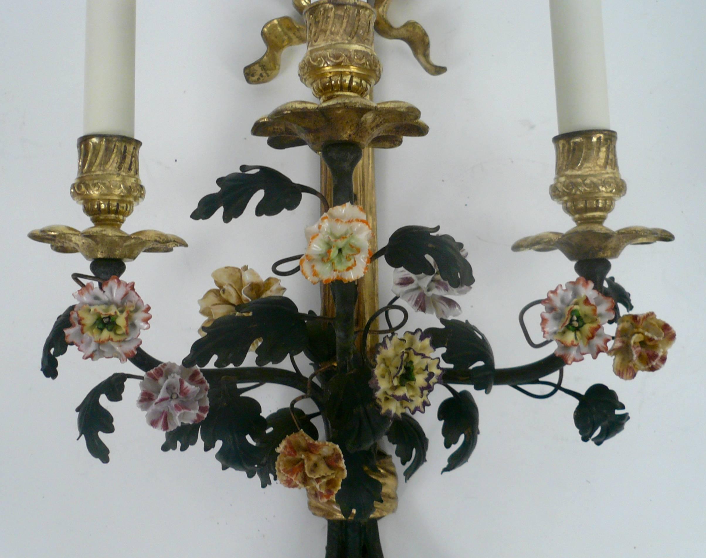 French Pair of Louis XVI Style Gilt Bronze and Porcelain Flower Two-Light Sconces