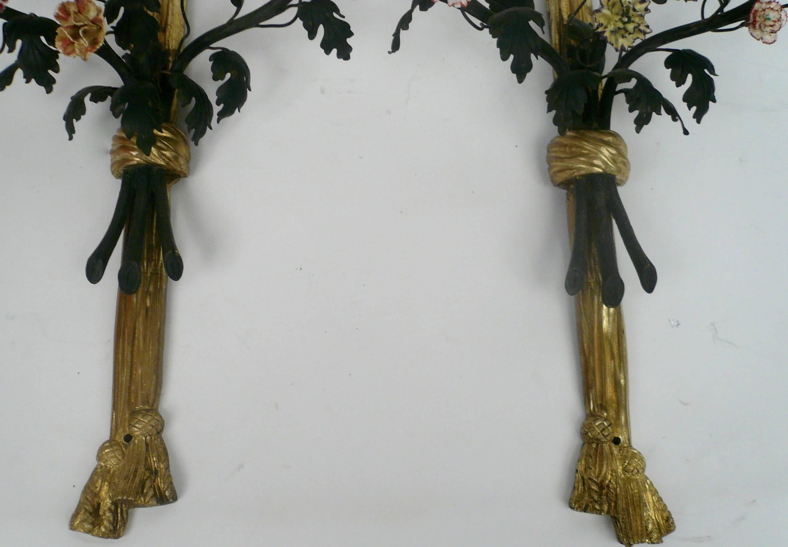 Pair of Louis XVI Style Gilt Bronze and Porcelain Flower Two-Light Sconces 3