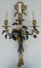 Pair of Louis XVI Style Gilt Bronze and Porcelain Flower Two-Light Sconces