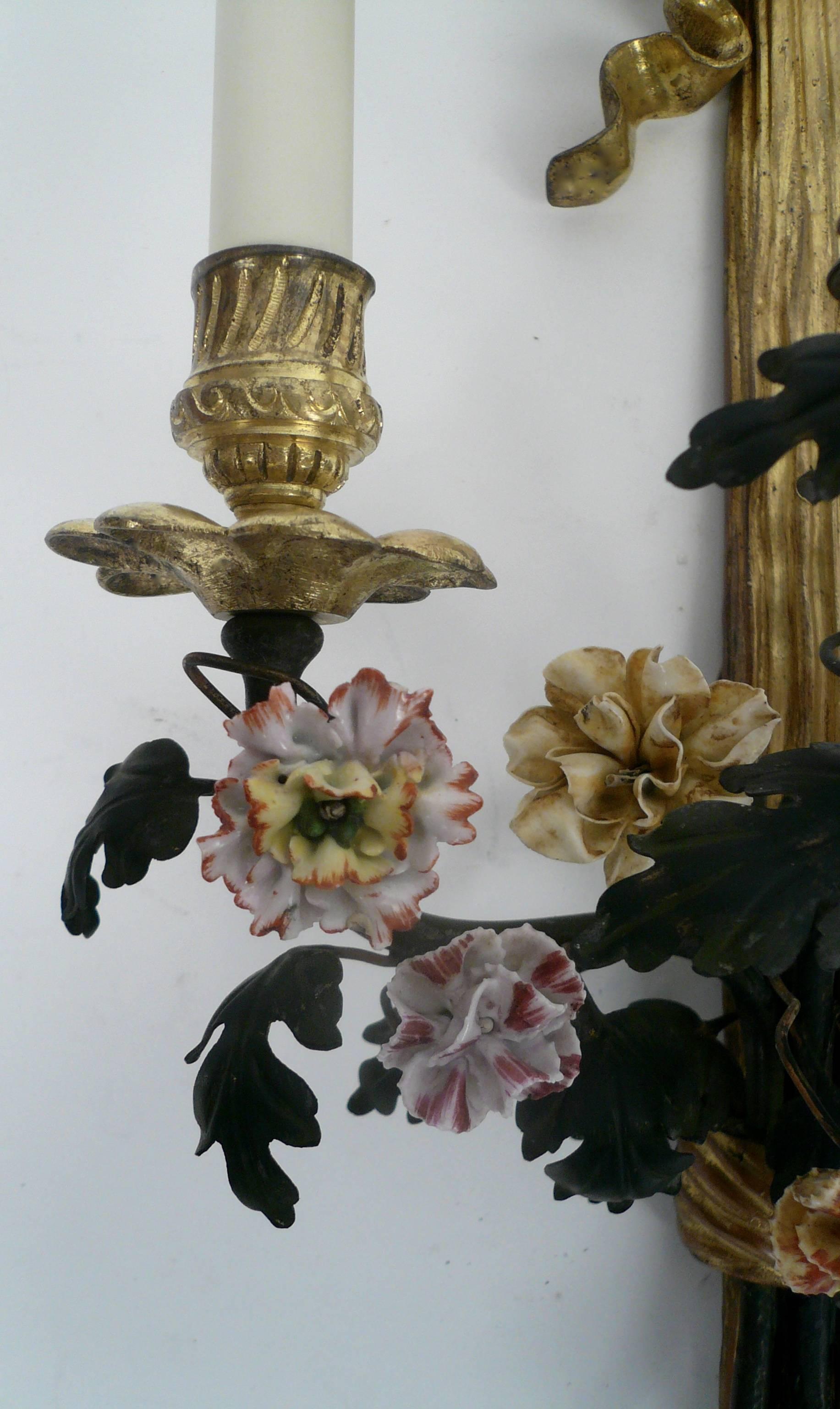 20th Century Pair of Louis XVI Style Gilt Bronze and Porcelain Flower Two-Light Sconces