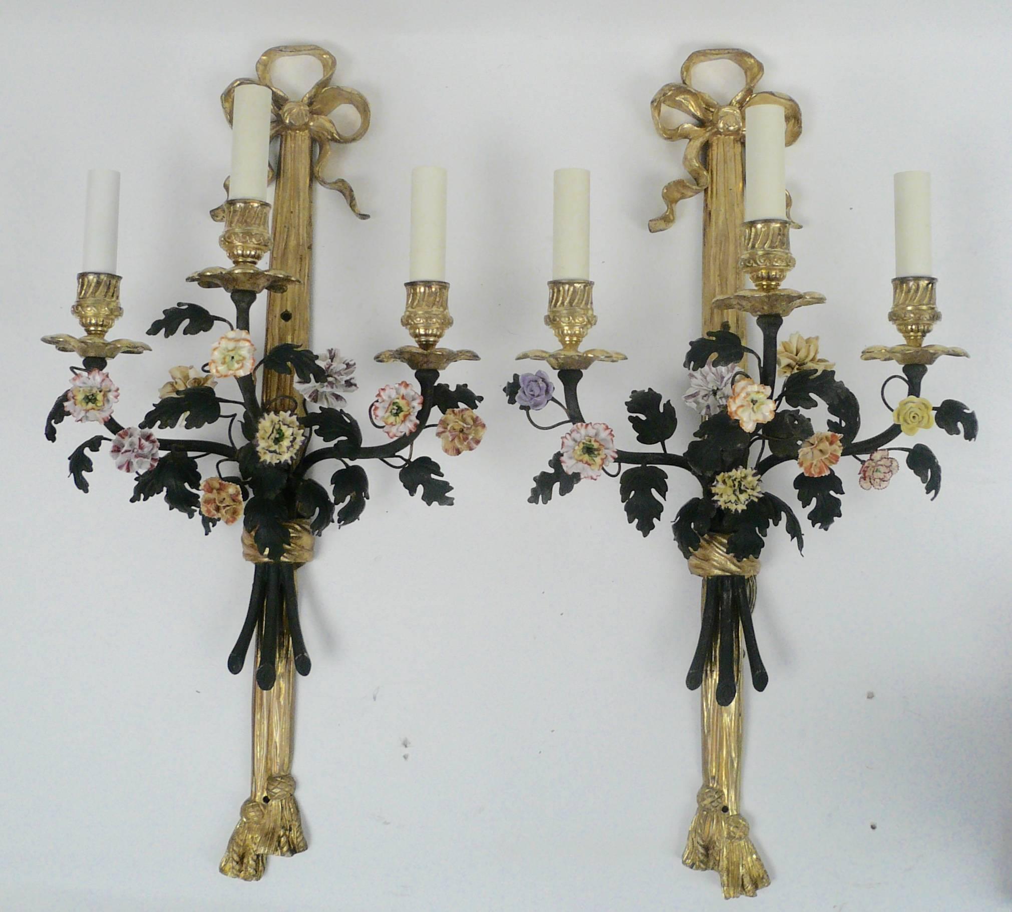 Neoclassical Pair of Louis XVI Style Gilt Bronze and Porcelain Flower Two-Light Sconces