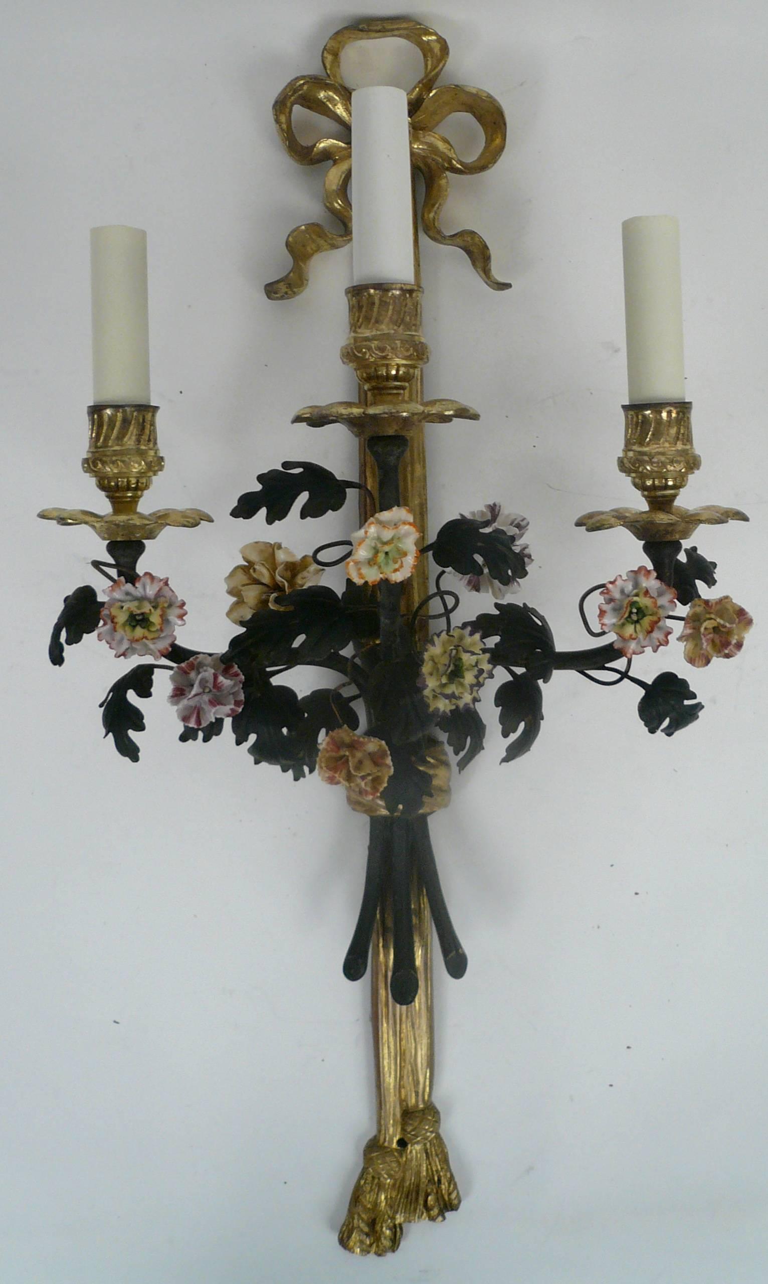 Pair of Louis XVI Style Gilt Bronze and Porcelain Flower Two-Light Sconces 1