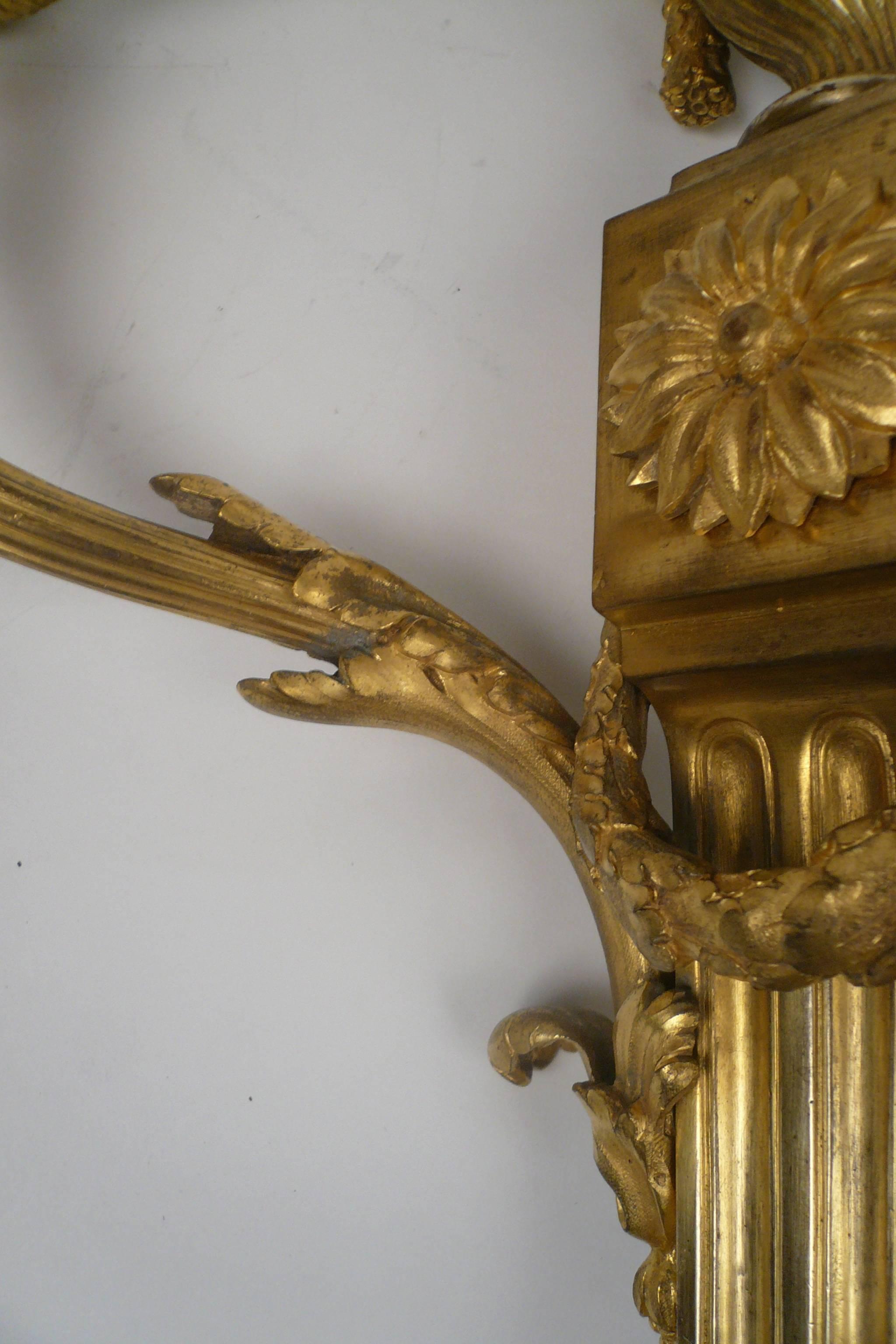 Neoclassical Pair E. F. Caldwell Louis XVI Style Gilt Bronze Sconces