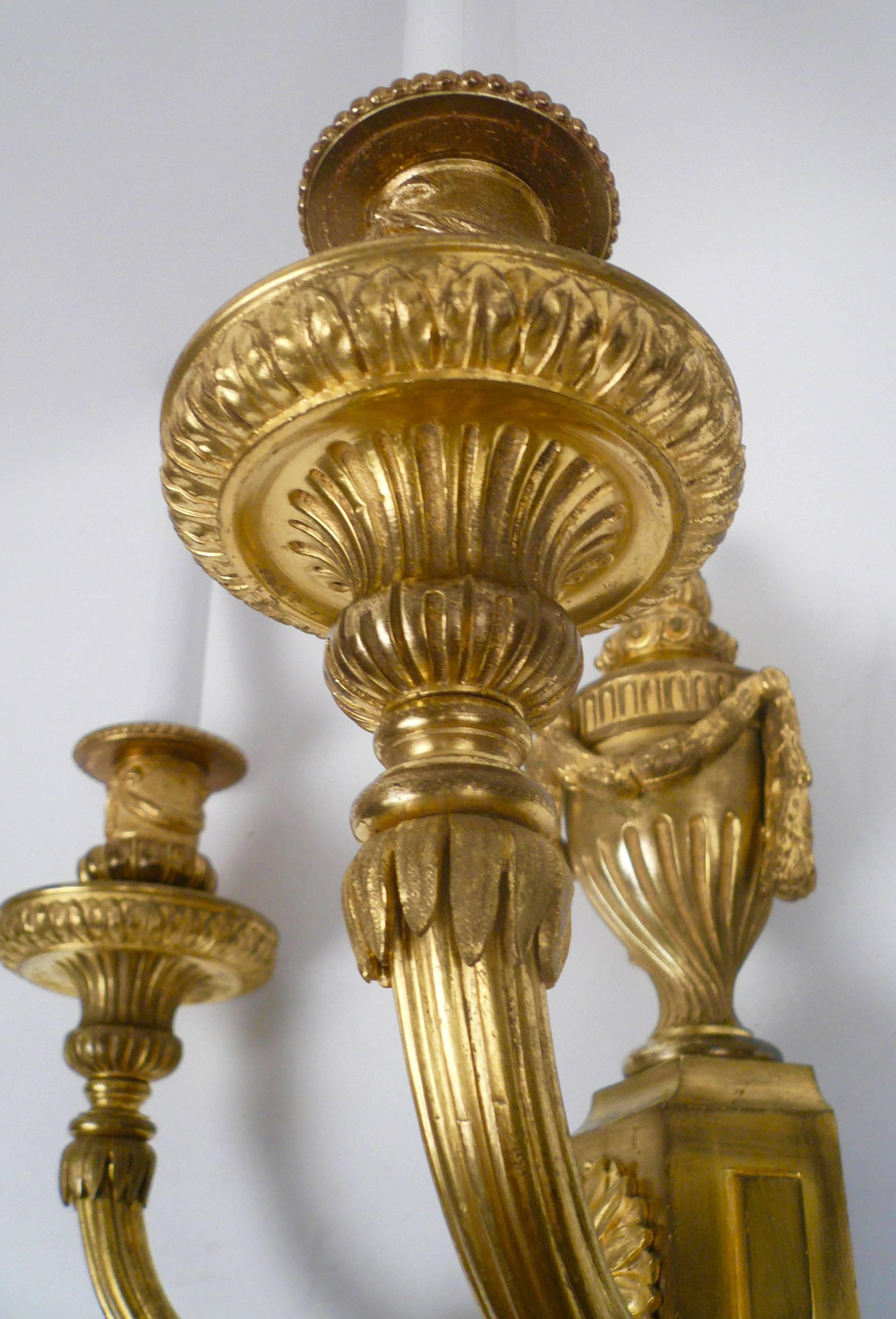 Pair E. F. Caldwell Louis XVI Style Gilt Bronze Sconces In Good Condition In Pittsburgh, PA