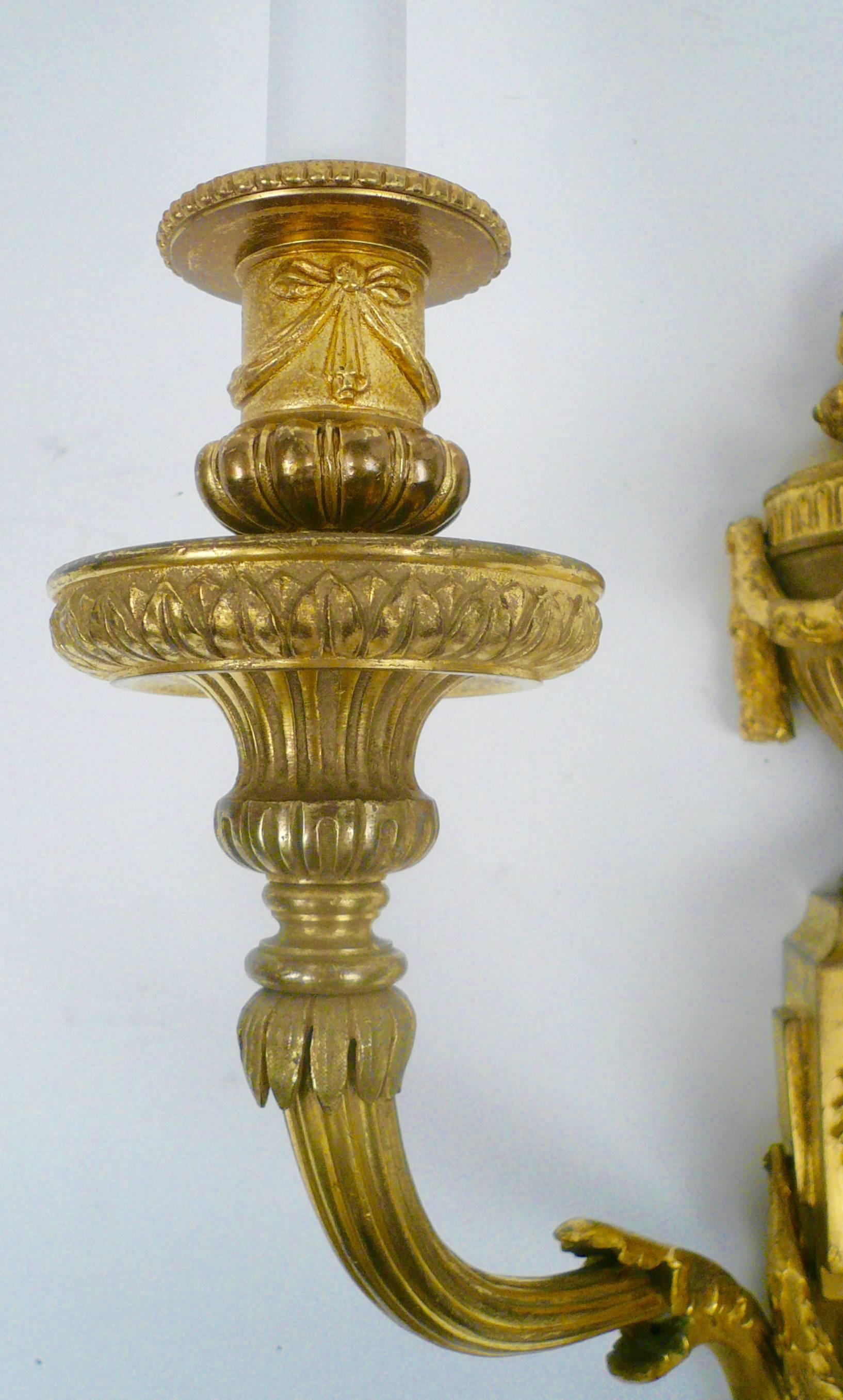 Pair E. F. Caldwell Louis XVI Style Gilt Bronze Sconces 2