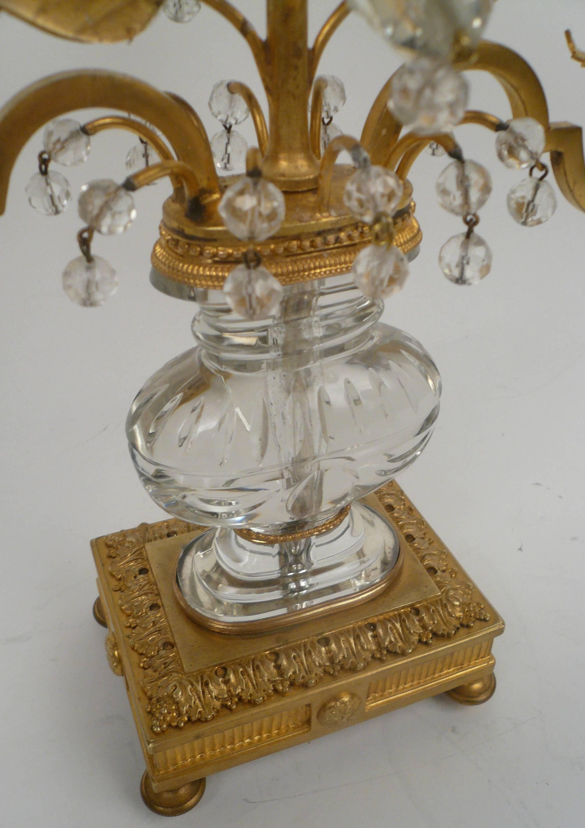 Pair of French Gilt Bronze and Rock Crystal Candelabra by Maison Baguès In Excellent Condition In Pittsburgh, PA