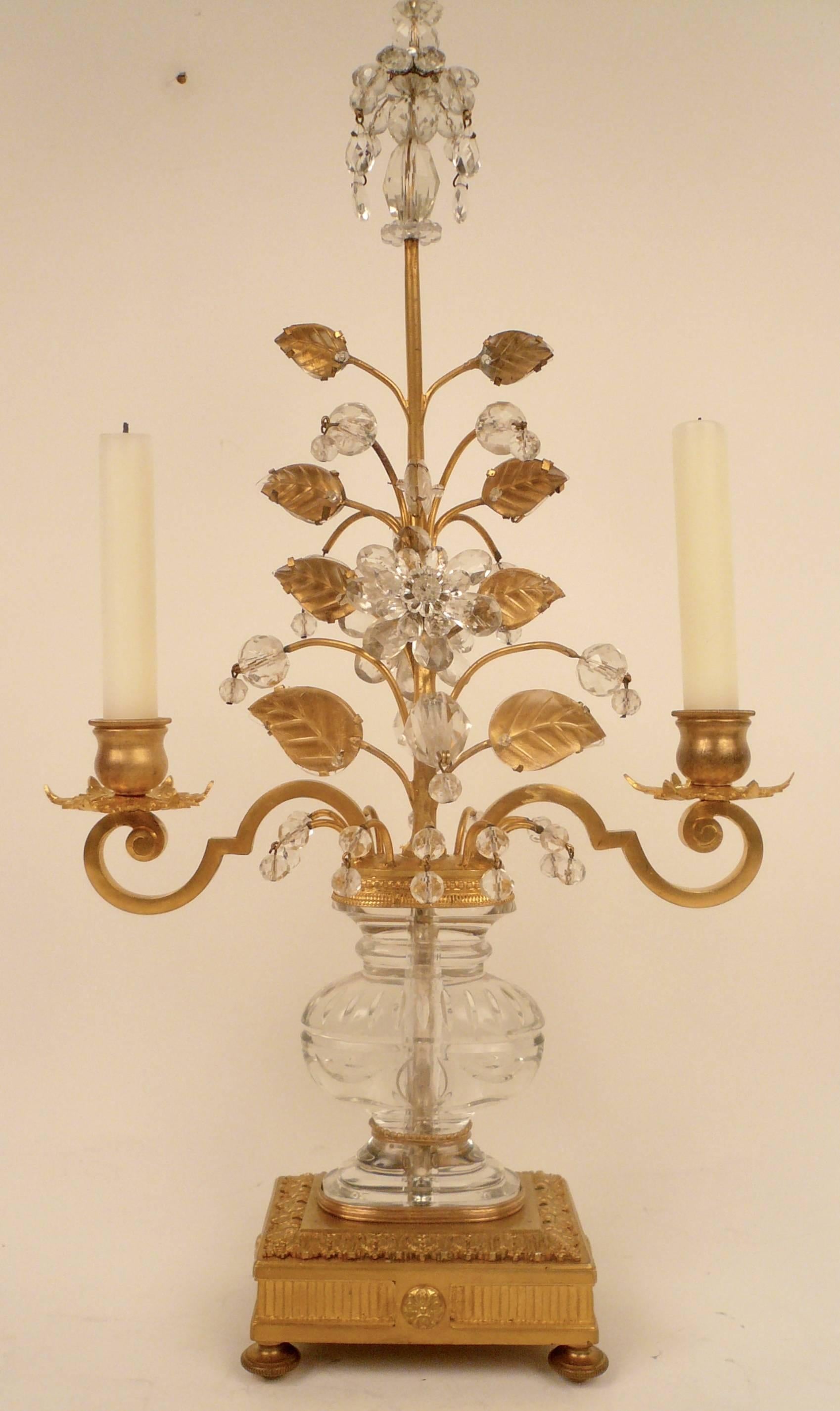 Art Deco Pair of French Gilt Bronze and Rock Crystal Candelabra by Maison Baguès