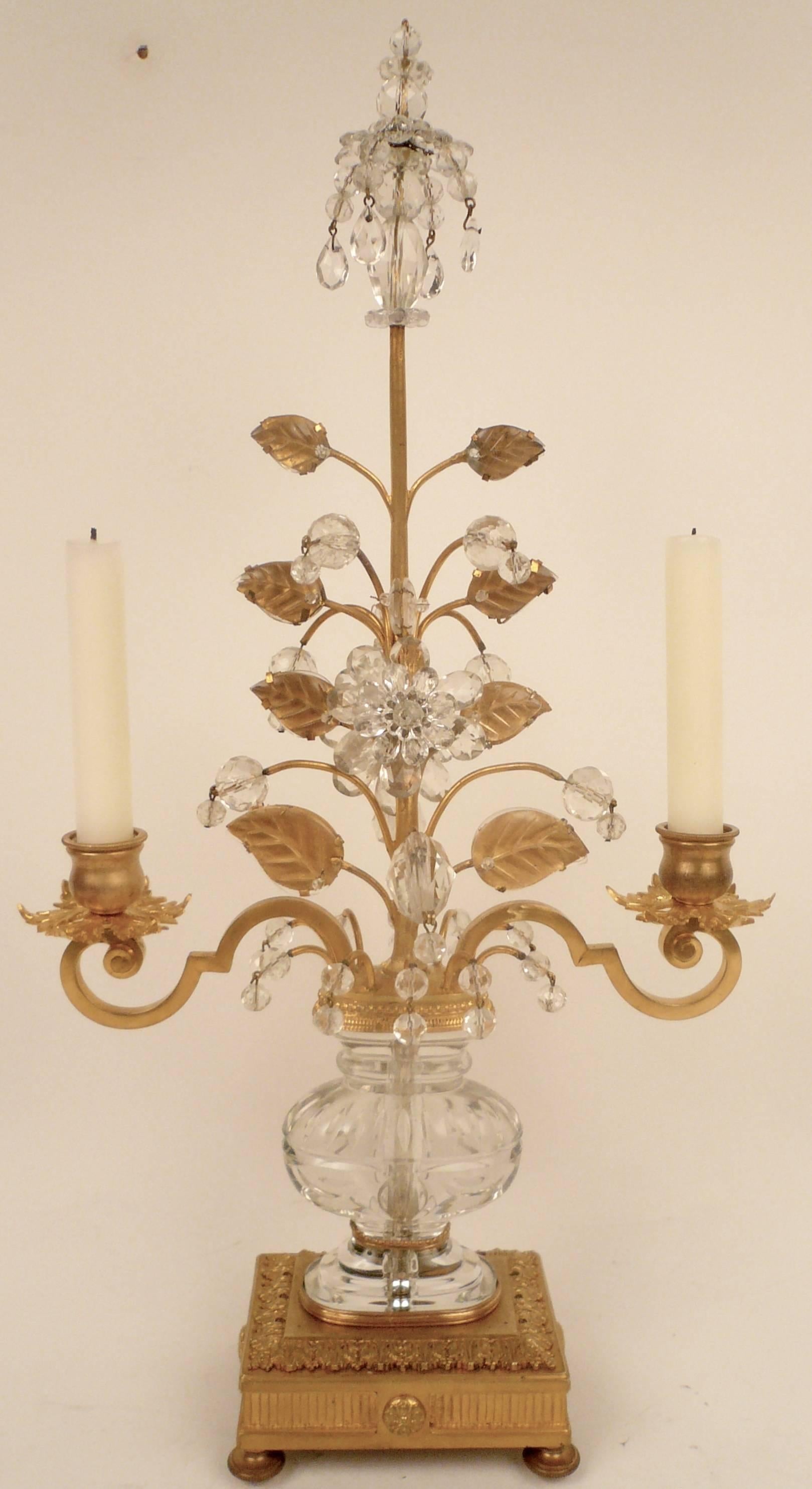20th Century Pair of French Gilt Bronze and Rock Crystal Candelabra by Maison Baguès