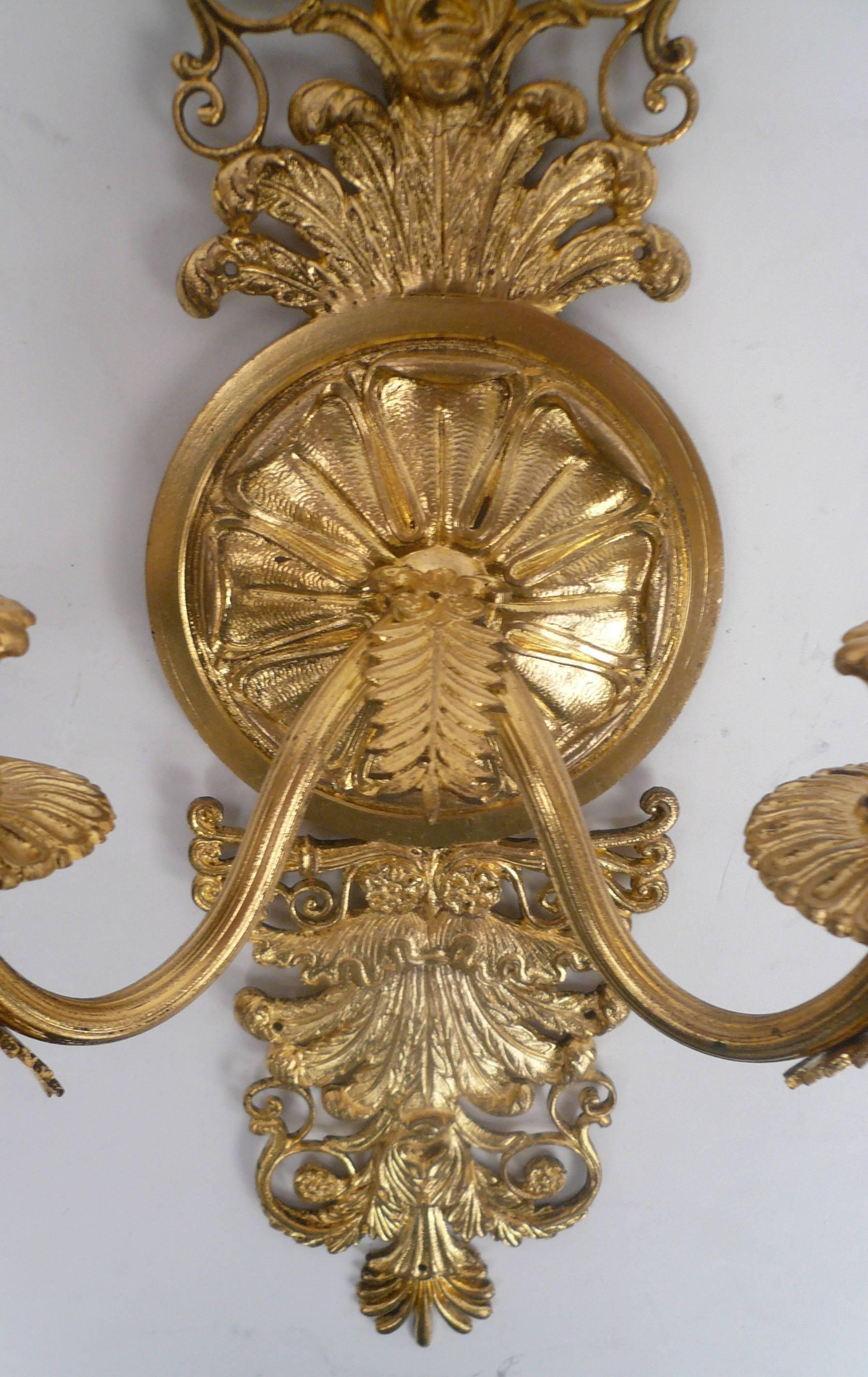 20th Century Pair of French Empire Style Gilt Bronze Two-Light Sconces