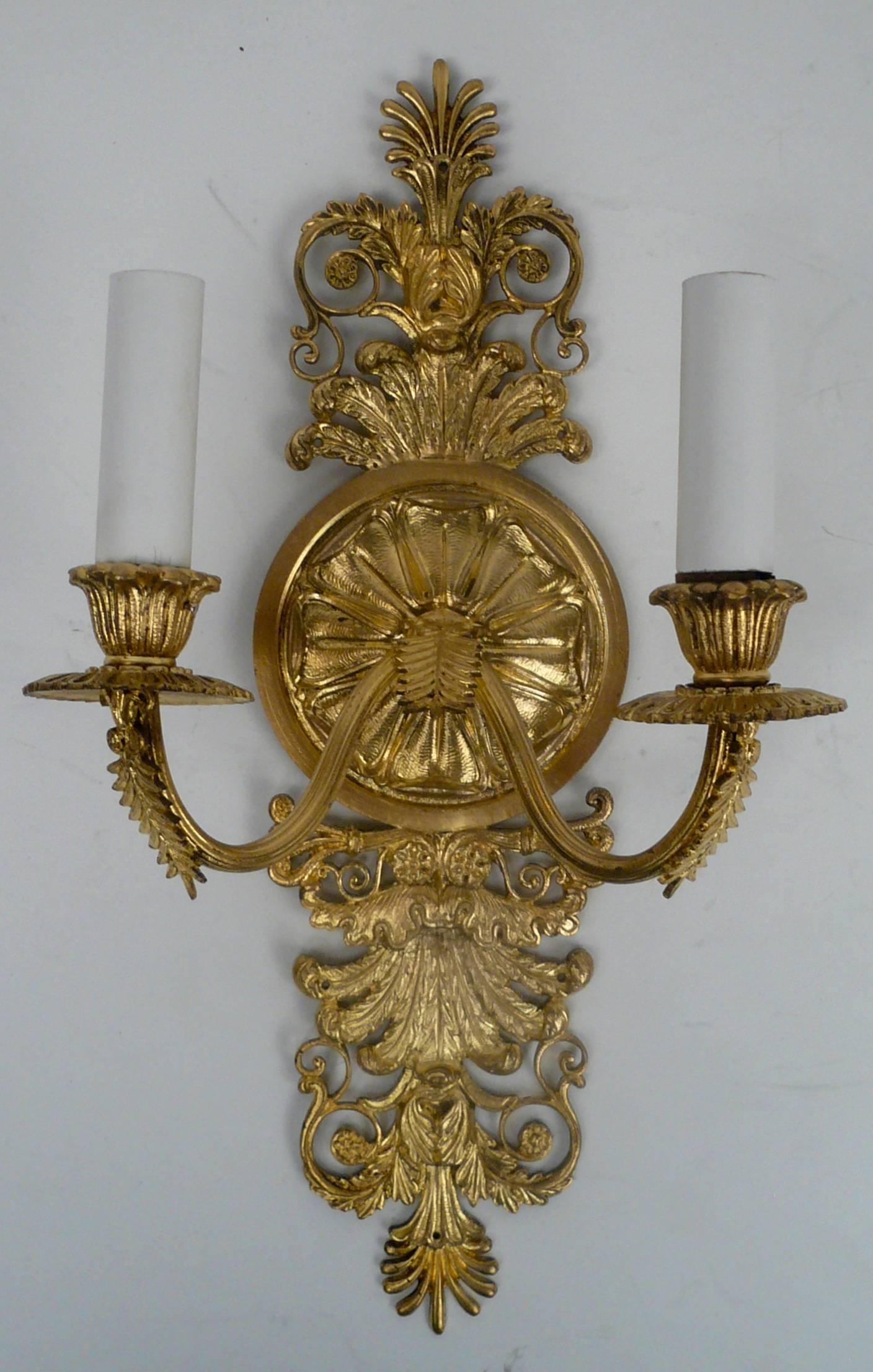Pair of French Empire Style Gilt Bronze Two-Light Sconces 1