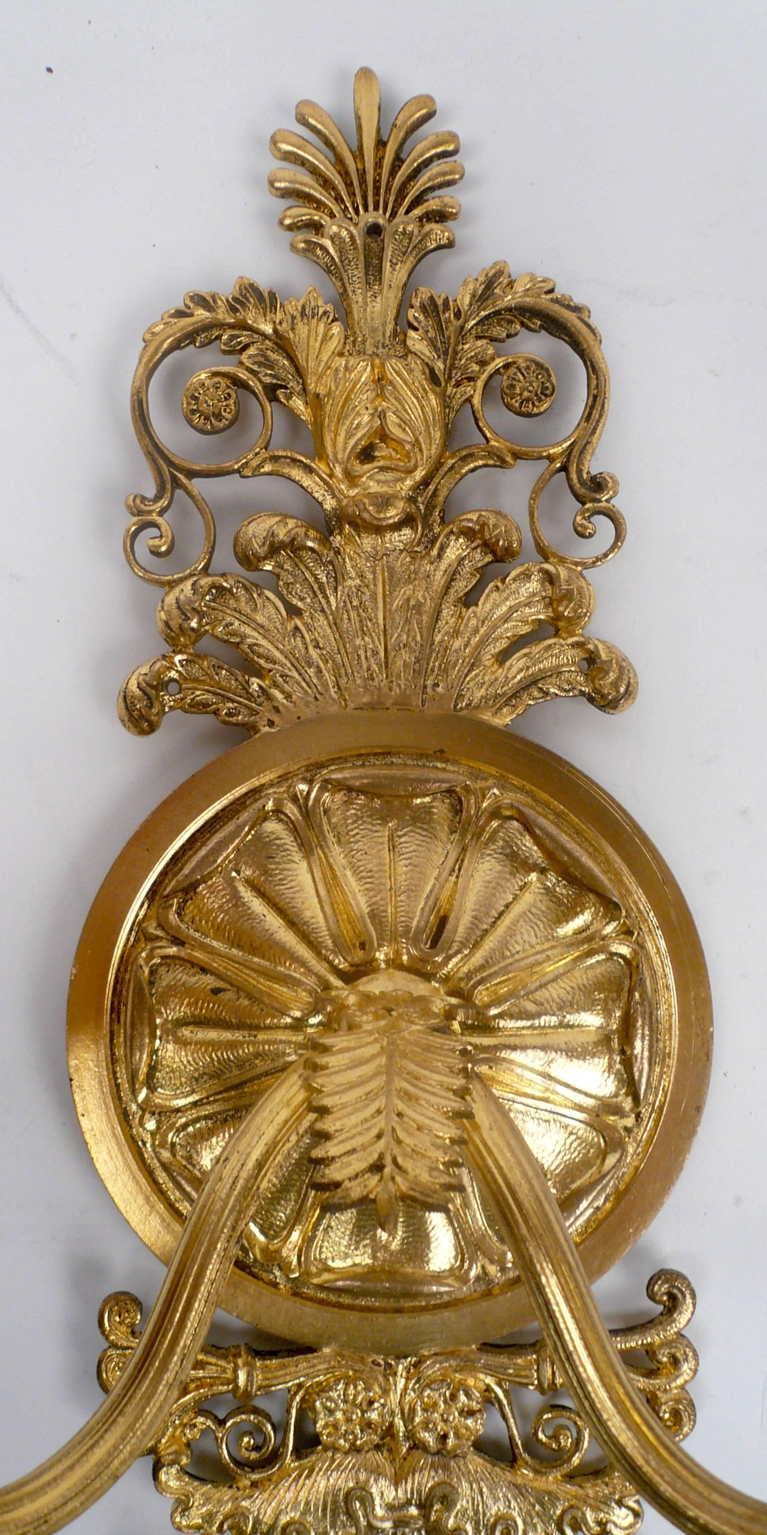 Pair of French Empire Style Gilt Bronze Two-Light Sconces 2