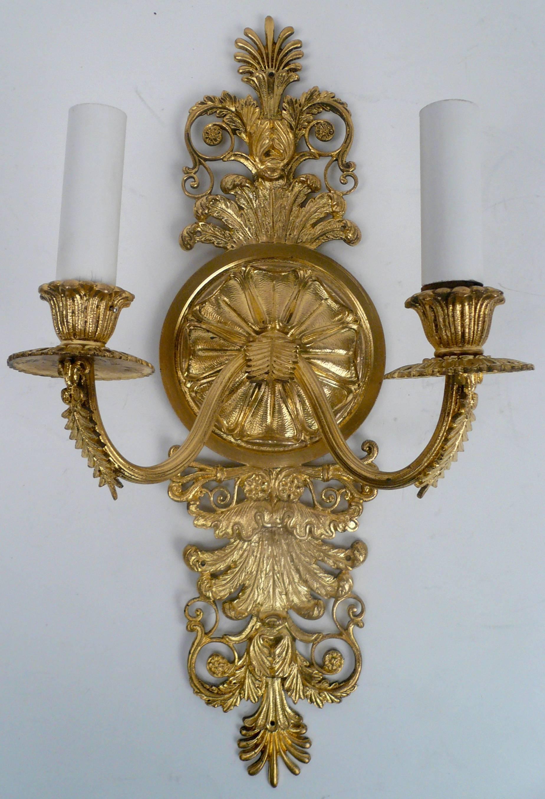 Pair of French Empire Style Gilt Bronze Two-Light Sconces 3
