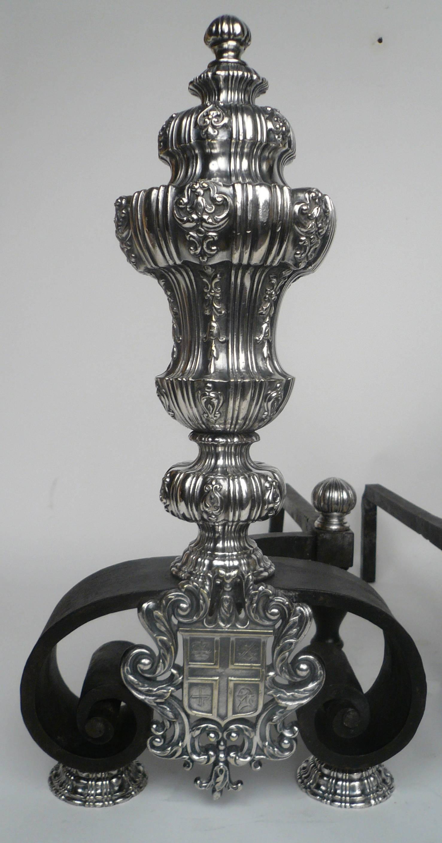 American Pair of Silver and Wrought Iron Andirons by E. F. Caldwell