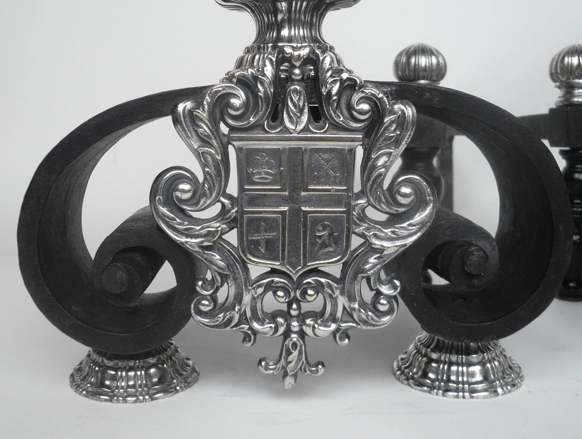 Silvered Pair of Silver and Wrought Iron Andirons by E. F. Caldwell