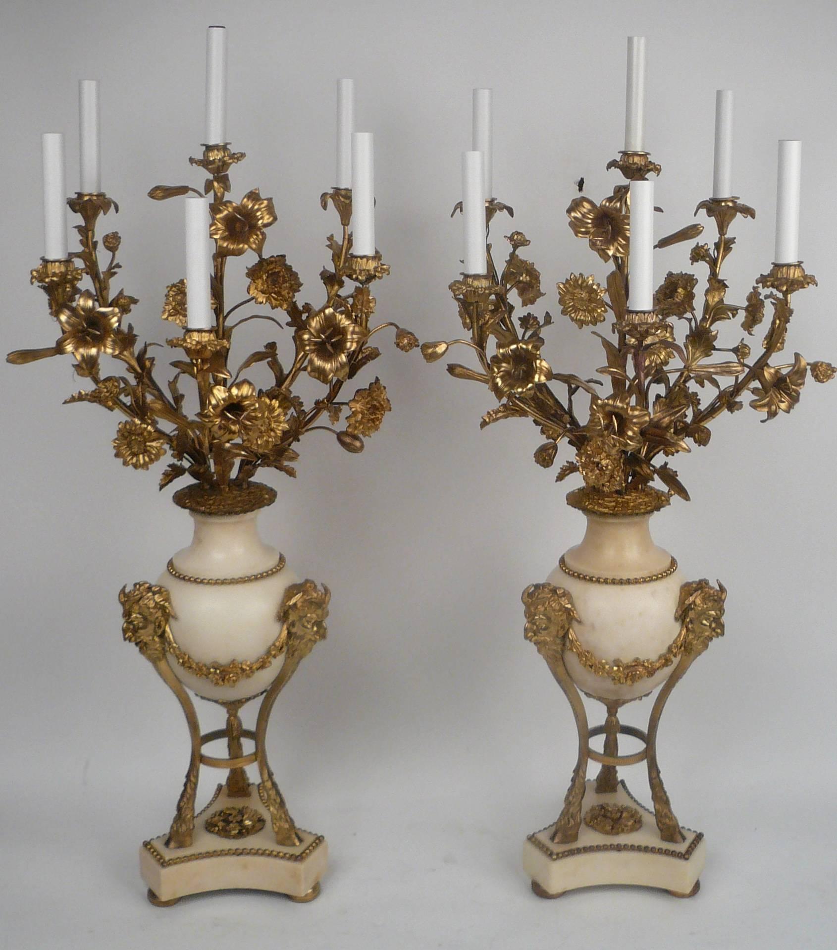 French Large Pair of Louis XVI Style Gilt Bronze and Marble Candelabra