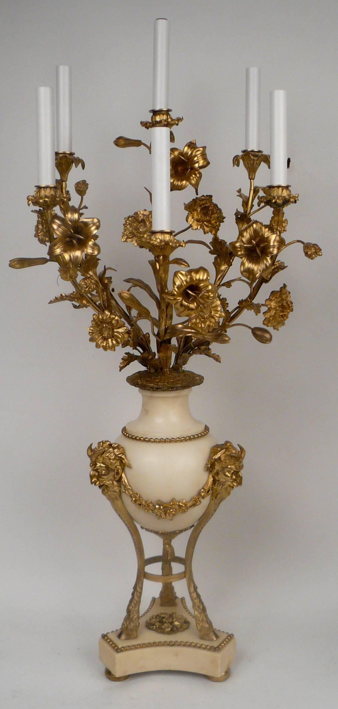 19th Century Large Pair of Louis XVI Style Gilt Bronze and Marble Candelabra