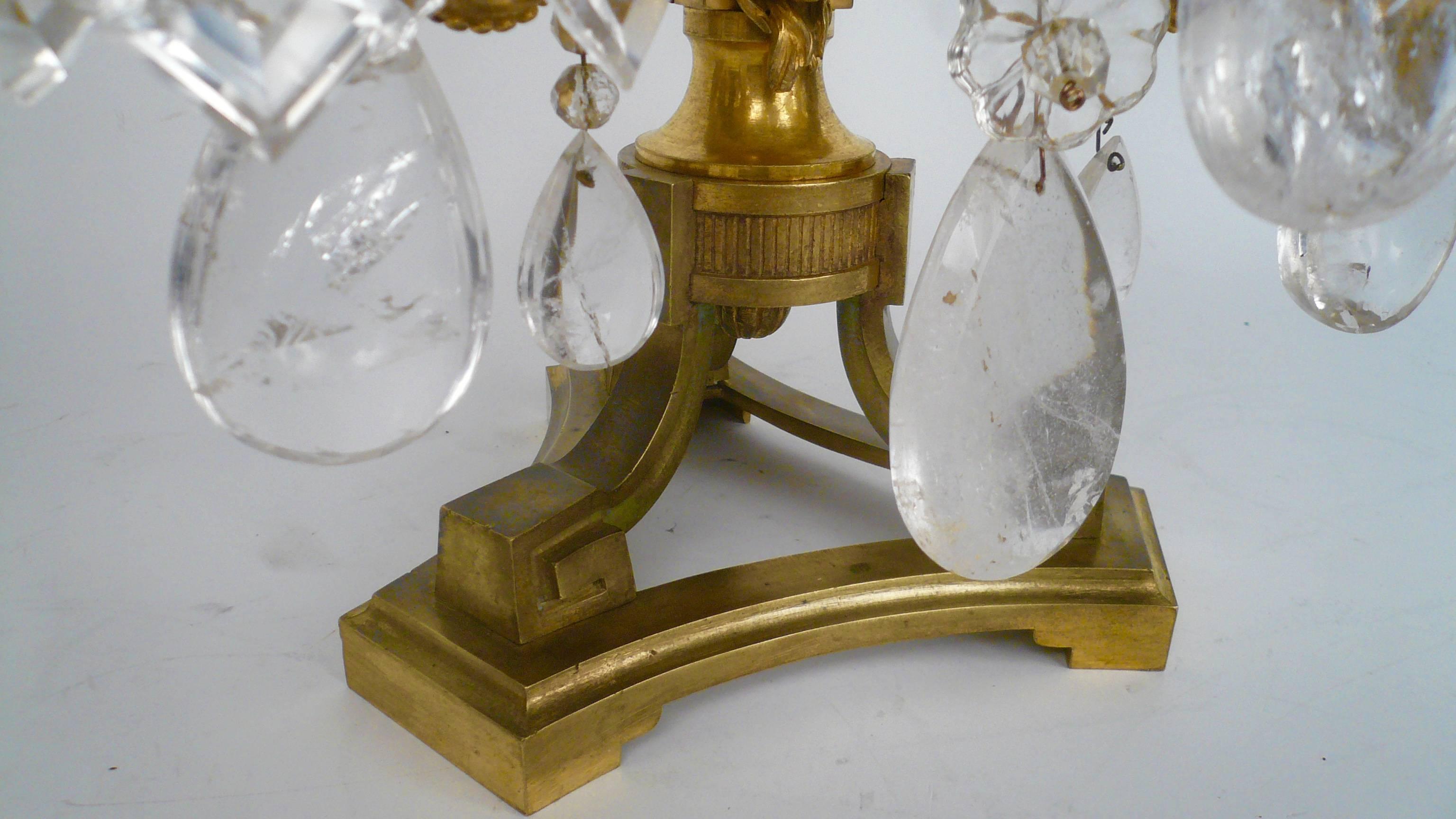 Pair of 19th Century, Louis XVI Style Gilt Bronze and Rock Crystal Candelabra 2