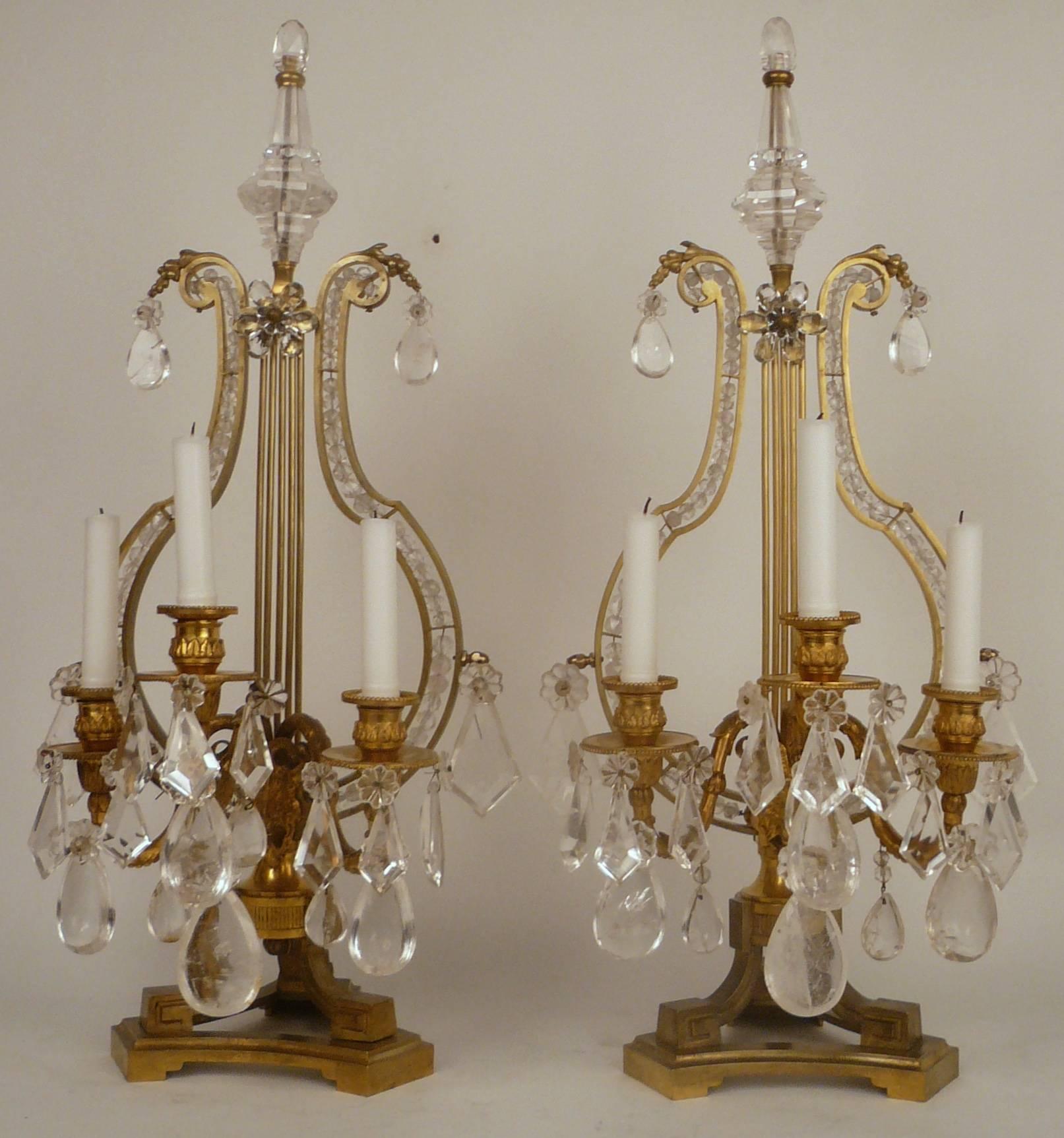 Faceted Pair of 19th Century, Louis XVI Style Gilt Bronze and Rock Crystal Candelabra