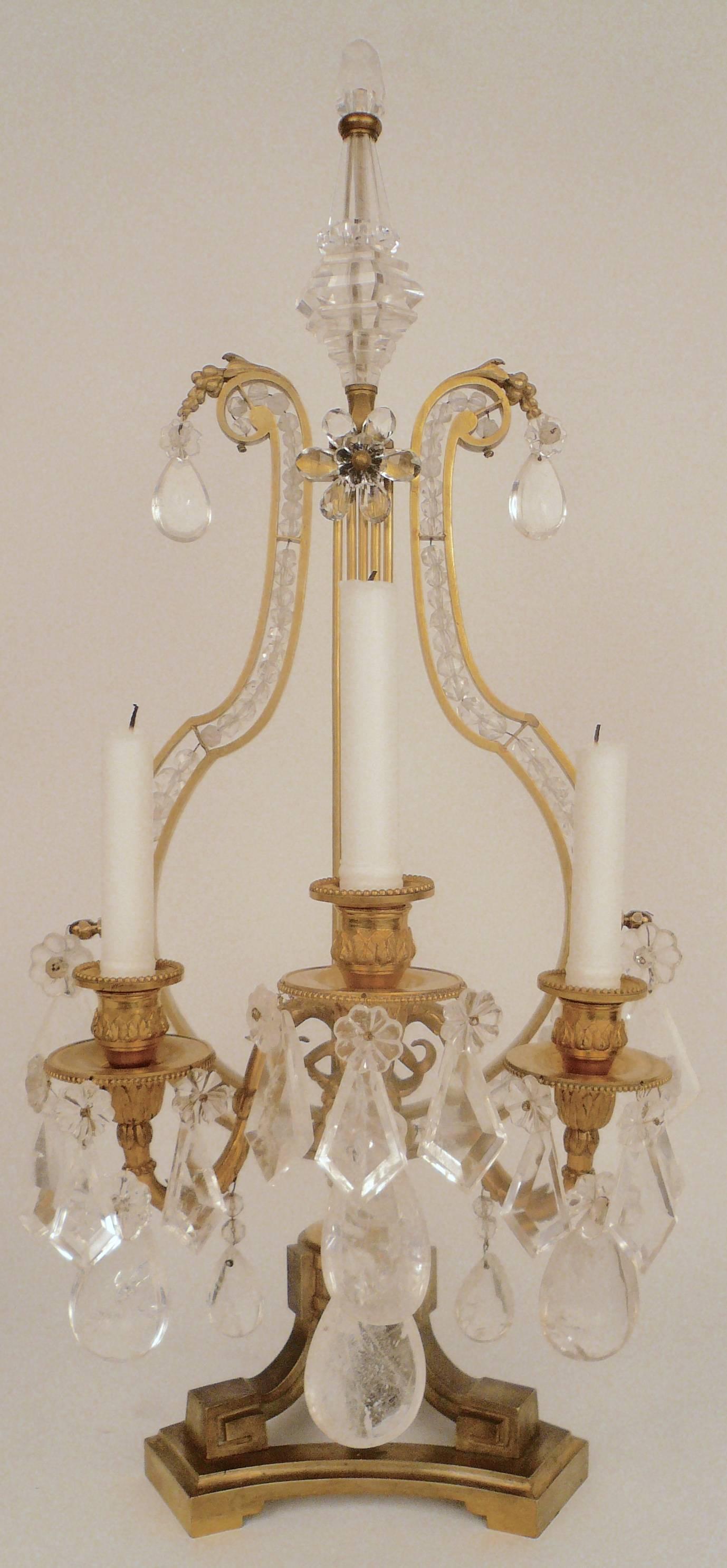 French Pair of 19th Century, Louis XVI Style Gilt Bronze and Rock Crystal Candelabra