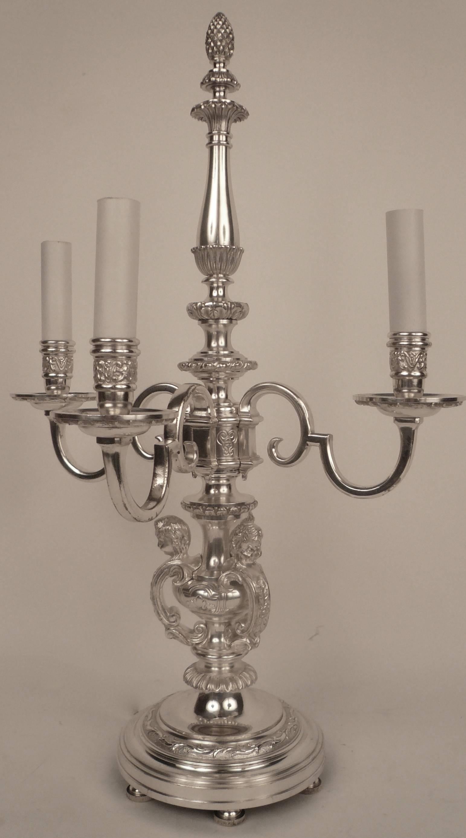 Régence Pair of E. F. Caldwell Silvered Bronze Candelabra Form Lamps 