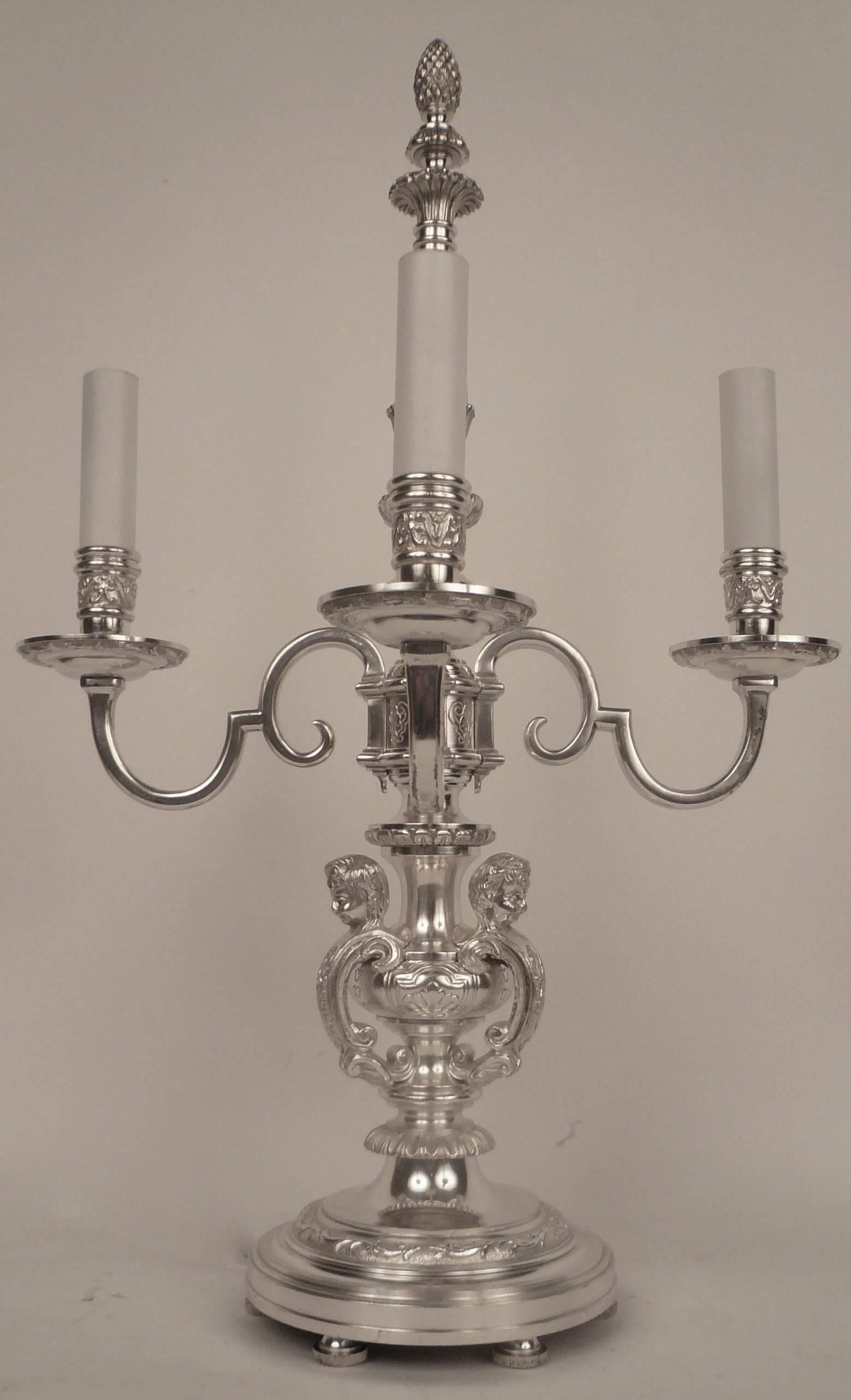 Pair of E. F. Caldwell Silvered Bronze Candelabra Form Lamps  In Excellent Condition In Pittsburgh, PA