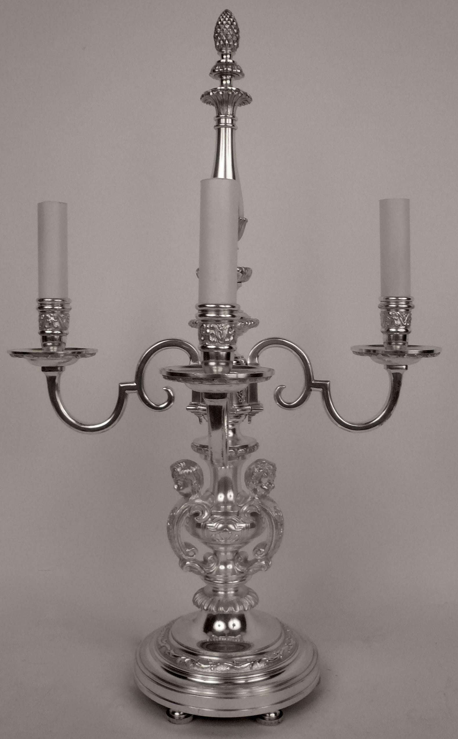 20th Century Pair of E. F. Caldwell Silvered Bronze Candelabra Form Lamps 