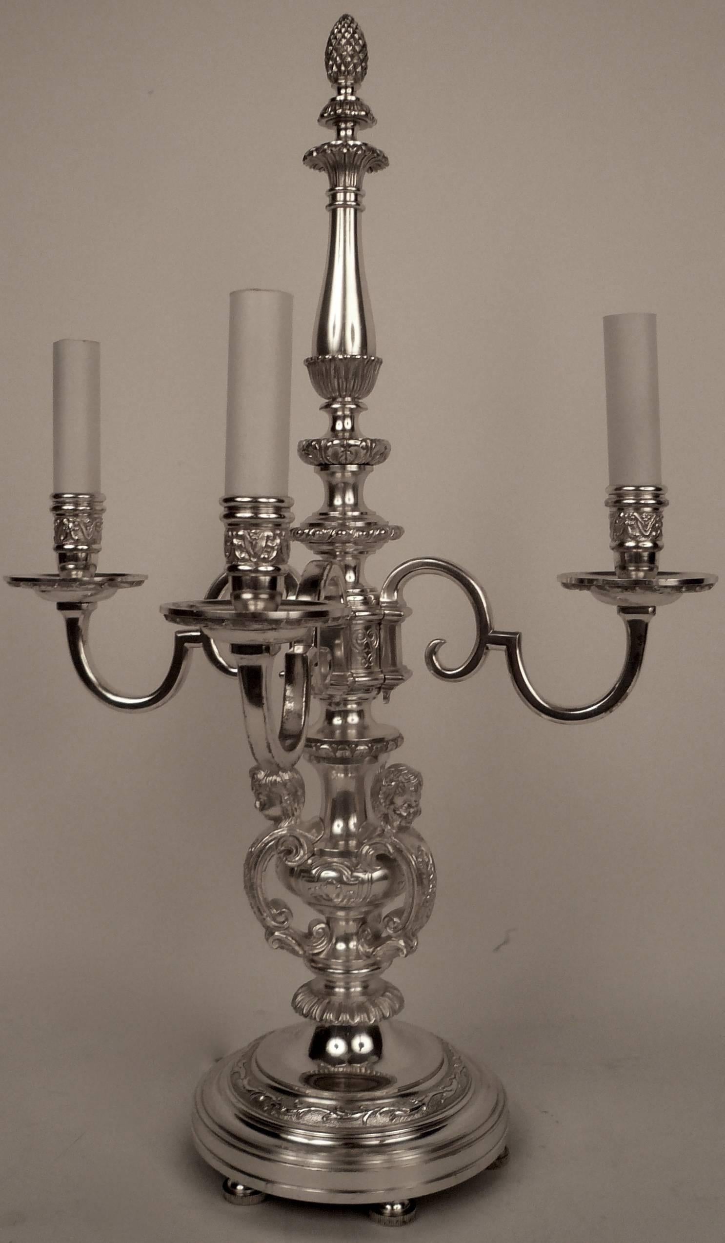 American Pair of E. F. Caldwell Silvered Bronze Candelabra Form Lamps 