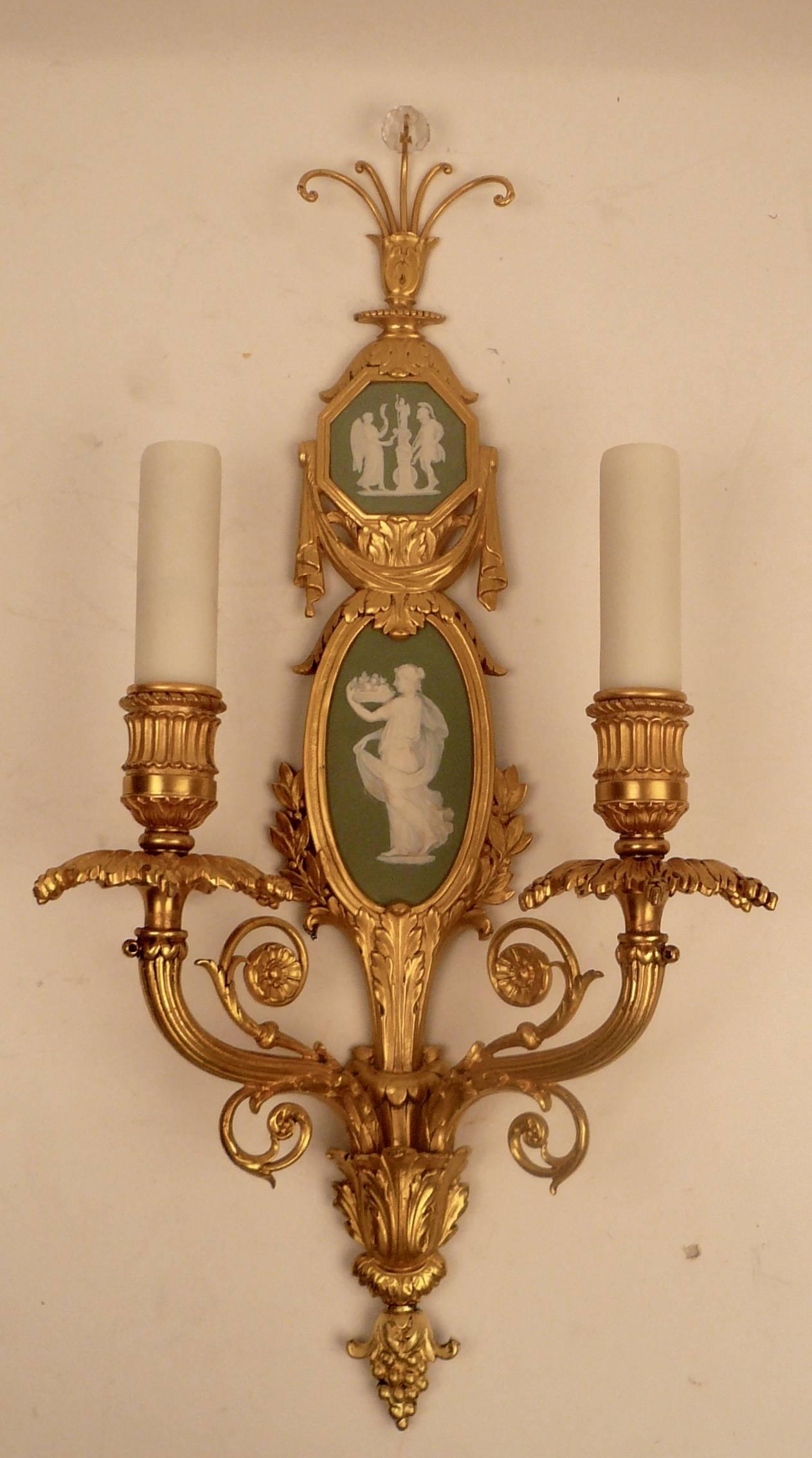 Adam Style Pair of Gilt Bronze and Wedgwood Neo-Classical Style Sconces