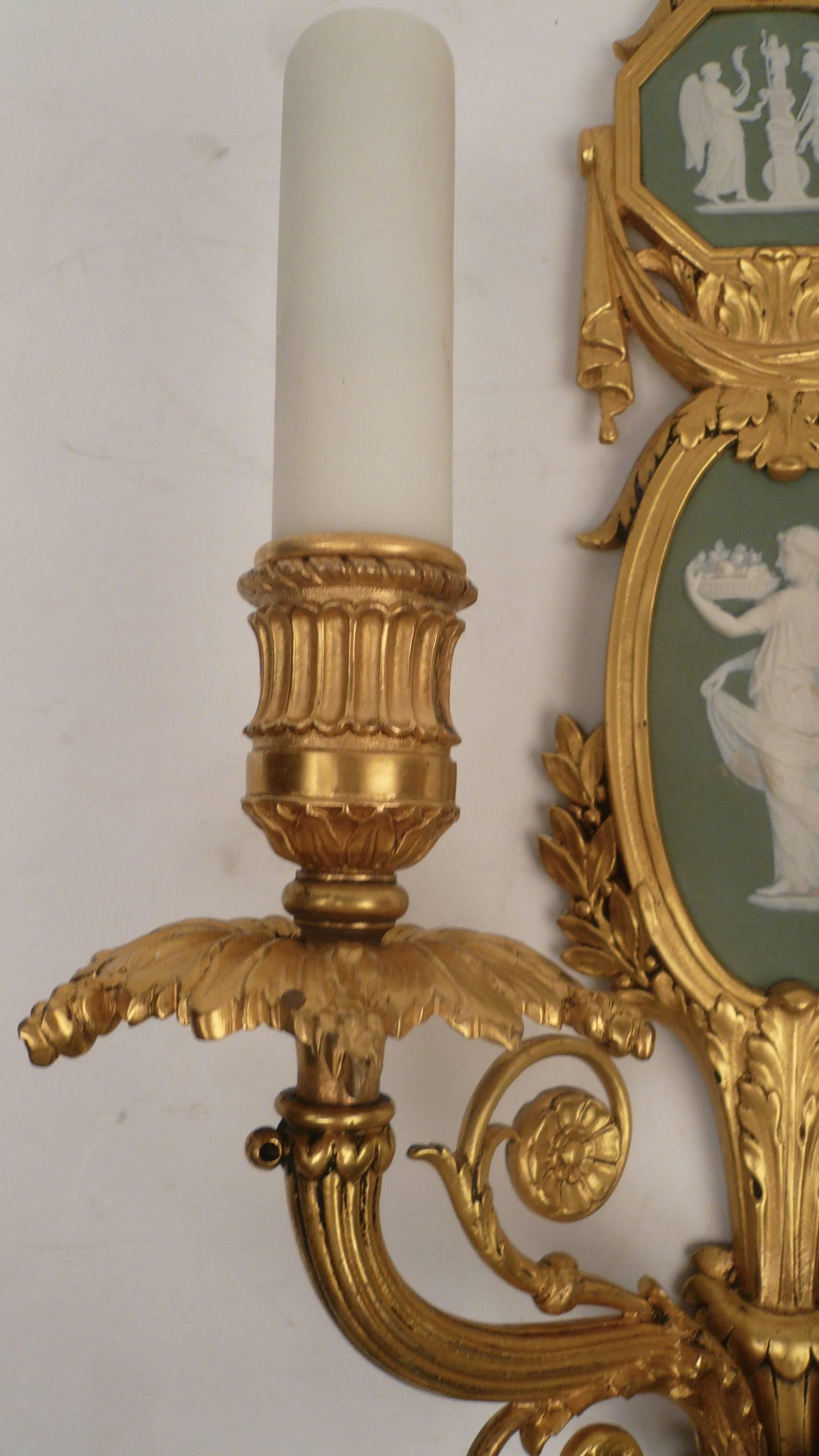 Pair of Gilt Bronze and Wedgwood Neo-Classical Style Sconces In Excellent Condition In Pittsburgh, PA