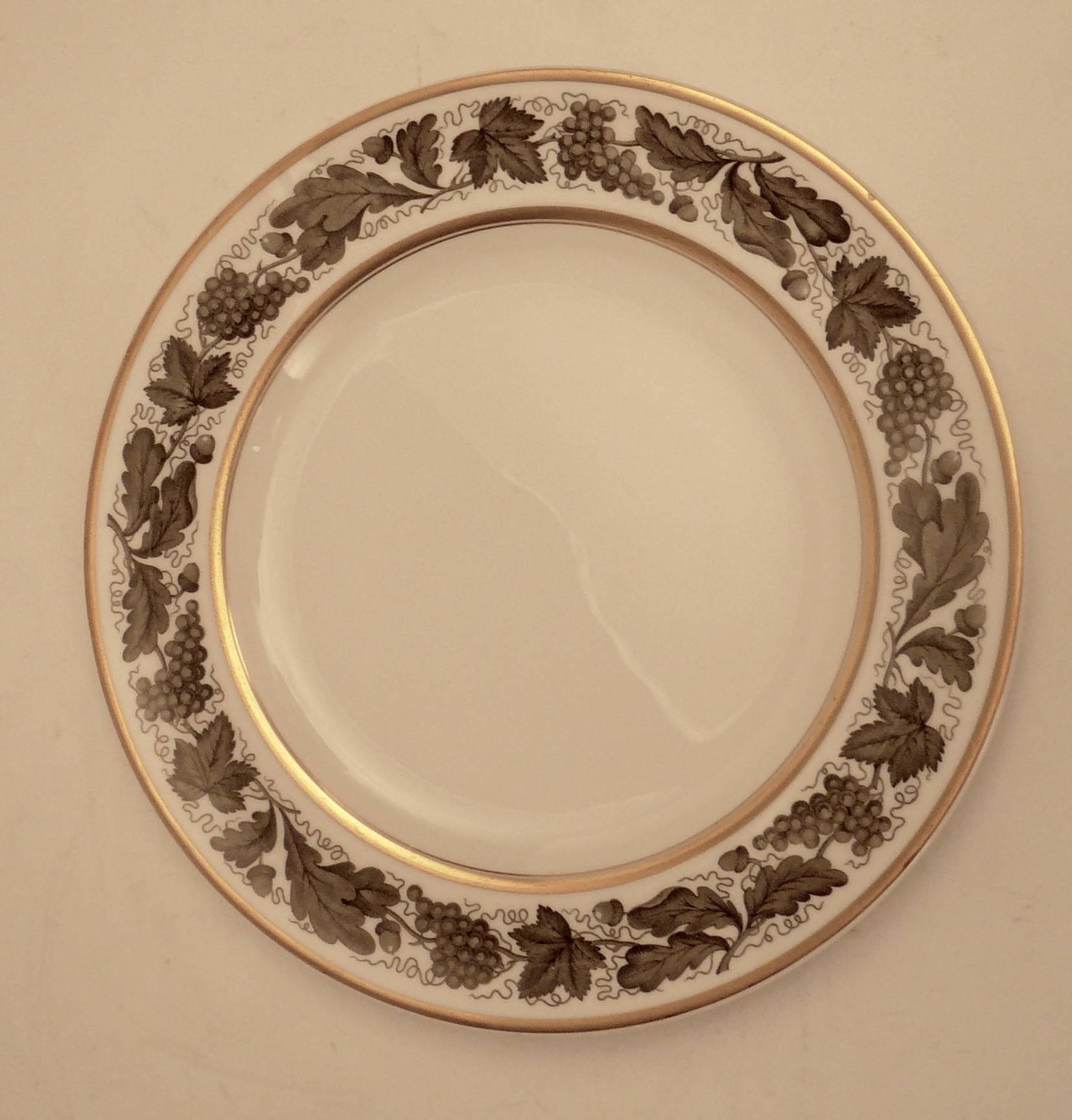 This Spode pattern was first introduced in 1808. It features oak leaf, acorn and vintage motifs in shades of grey, with gold trim.