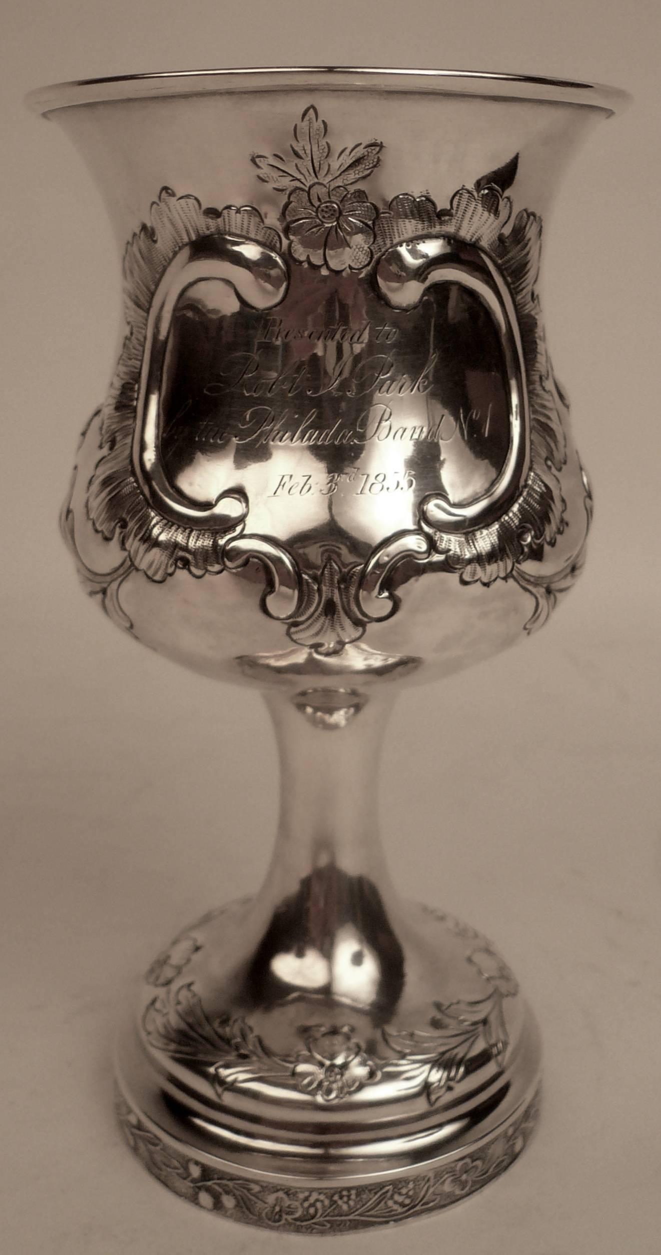 G. K. Childs was a well-known Philadelphia maker who was appointed Chief Coiner to the U S Mint in 1860. This presentation trophy goblet is hand chased and in fine condition.