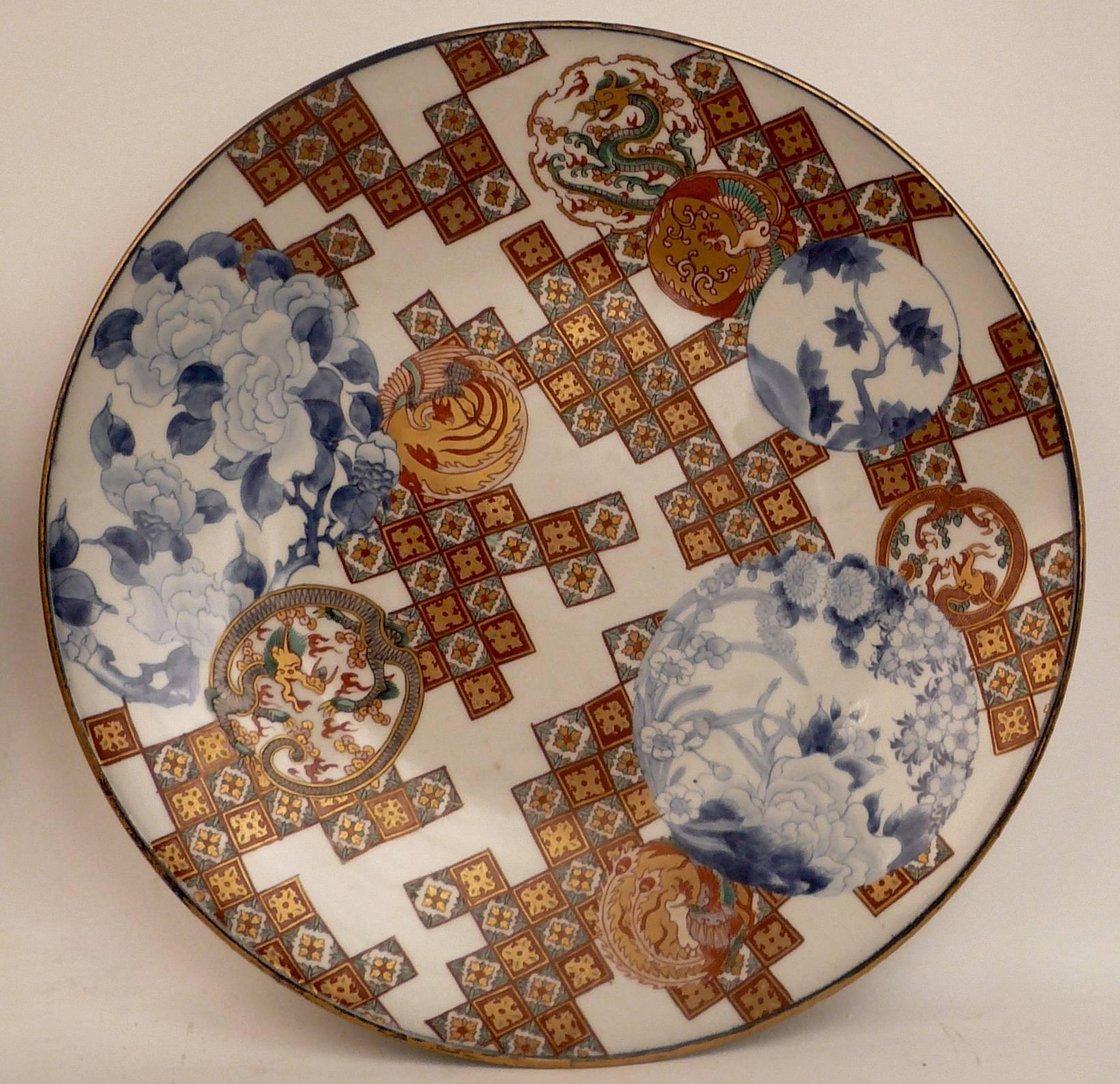 Hand-Painted Pair of Large Japanese Imari Porcelain Chargers