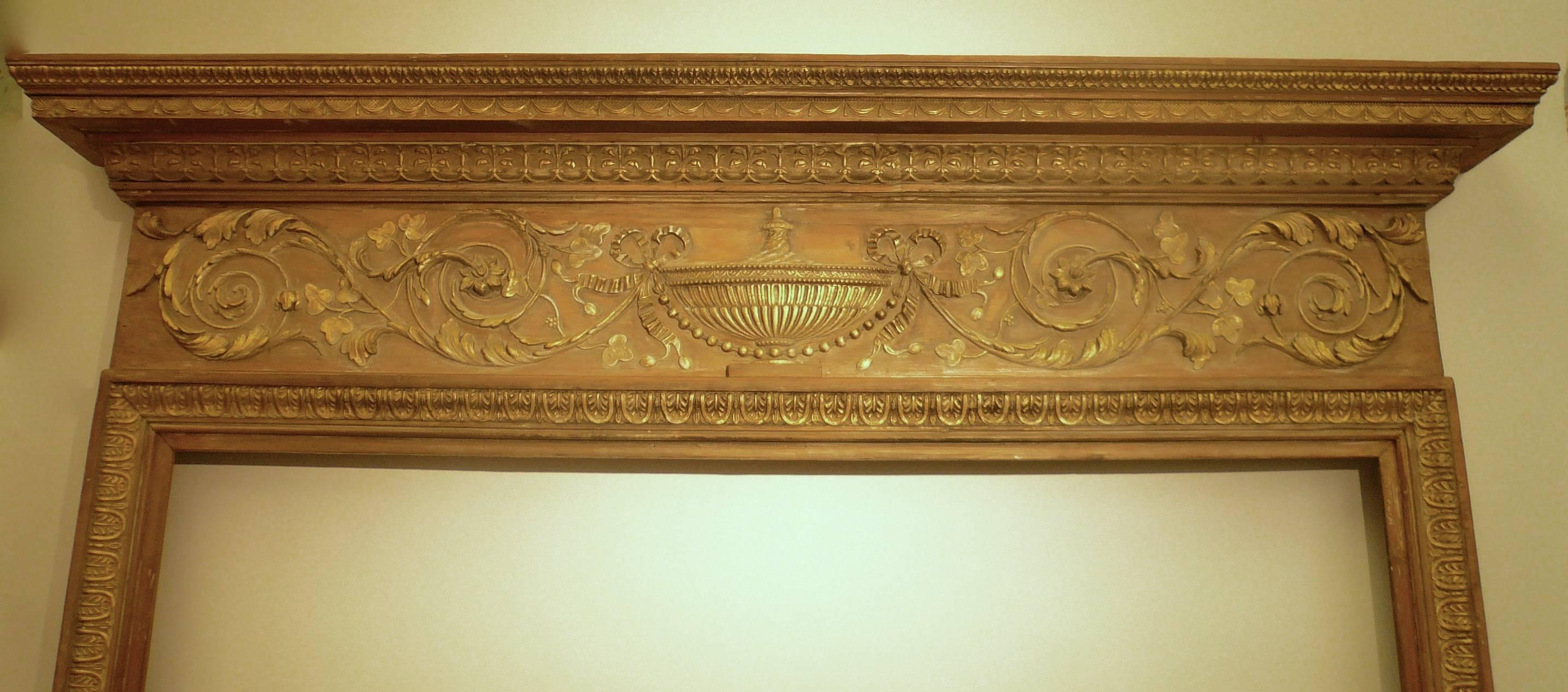 George III English Georgian Carved Pine Fireplace Mantle with Gilt Elements For Sale