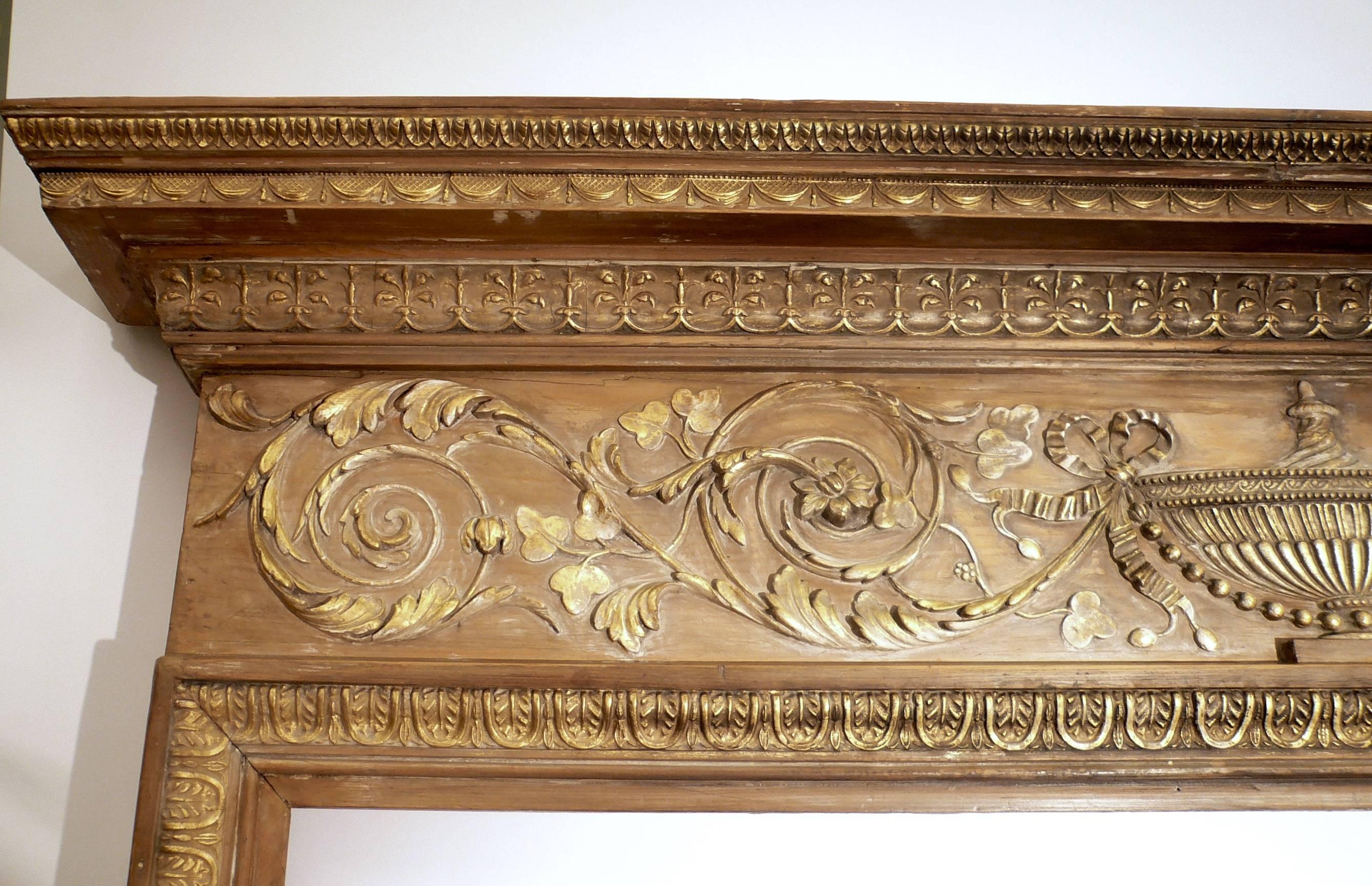 English Georgian Carved Pine Fireplace Mantle with Gilt Elements For Sale 2