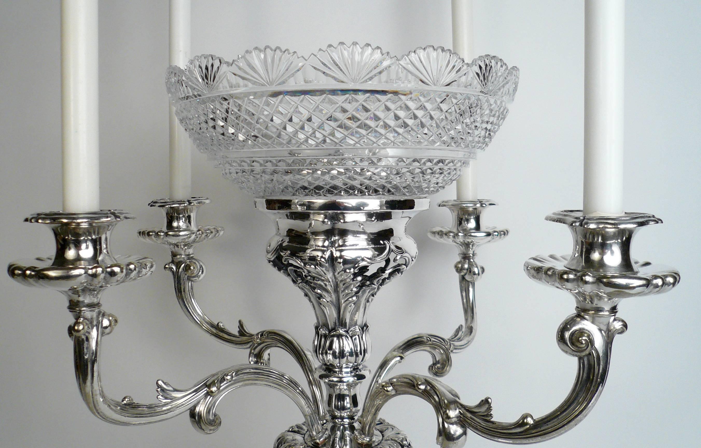 Faceted English Sheffield Plate Silver and Cut Crystal Epergne