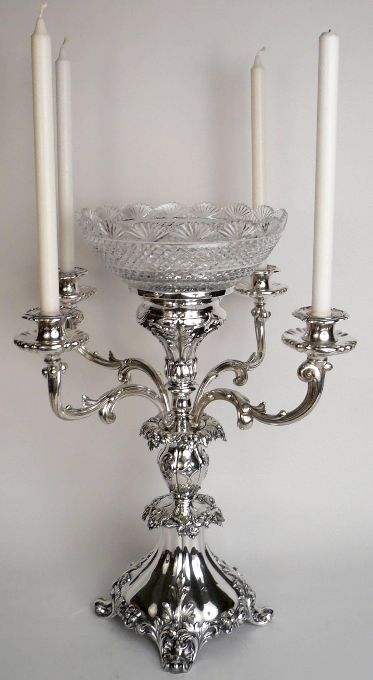 Early Victorian English Sheffield Plate Silver and Cut Crystal Epergne