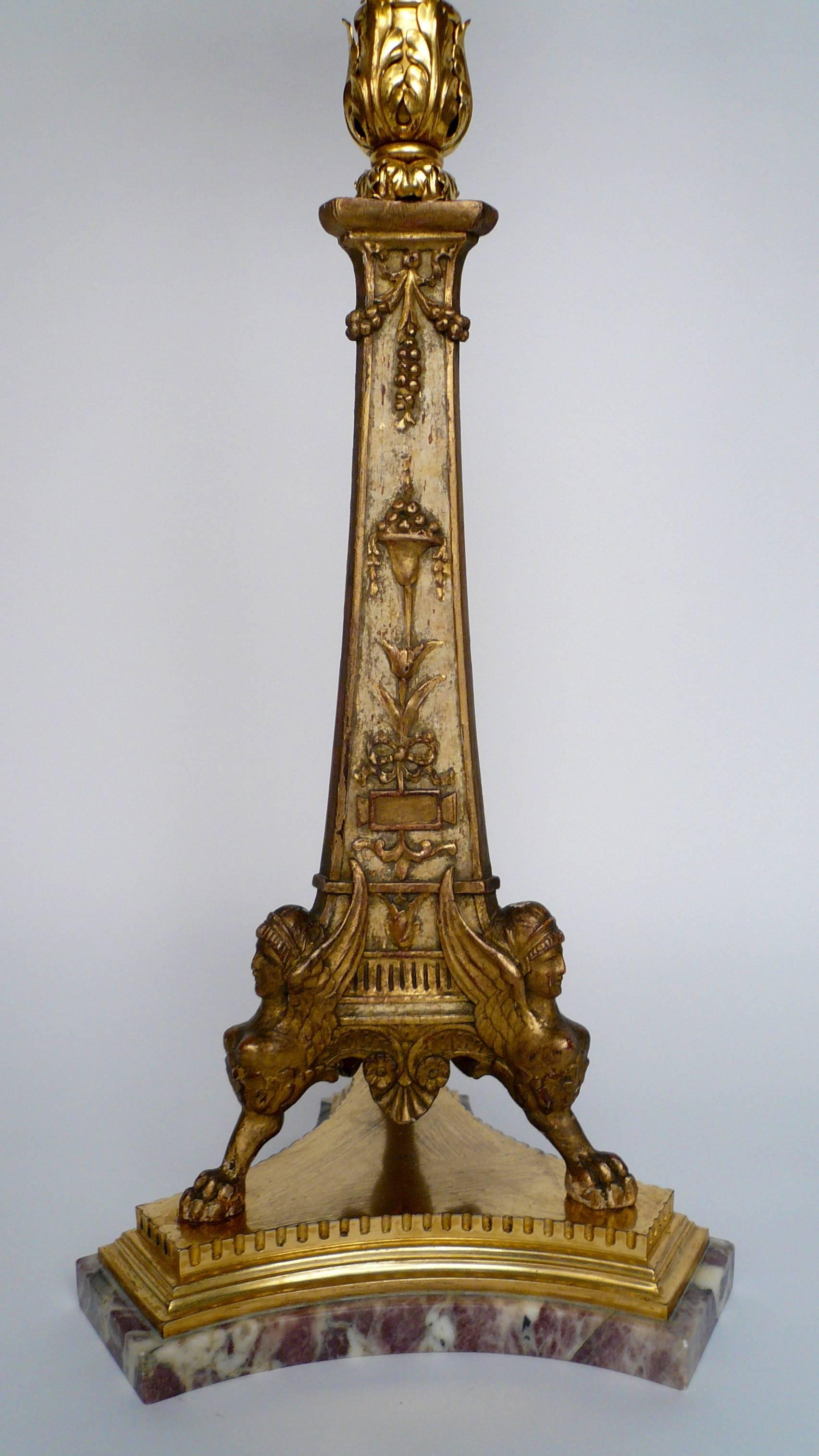 20th Century E. F. Caldwell Giltwood, Marble and Bronze Neoclassical Lamp For Sale