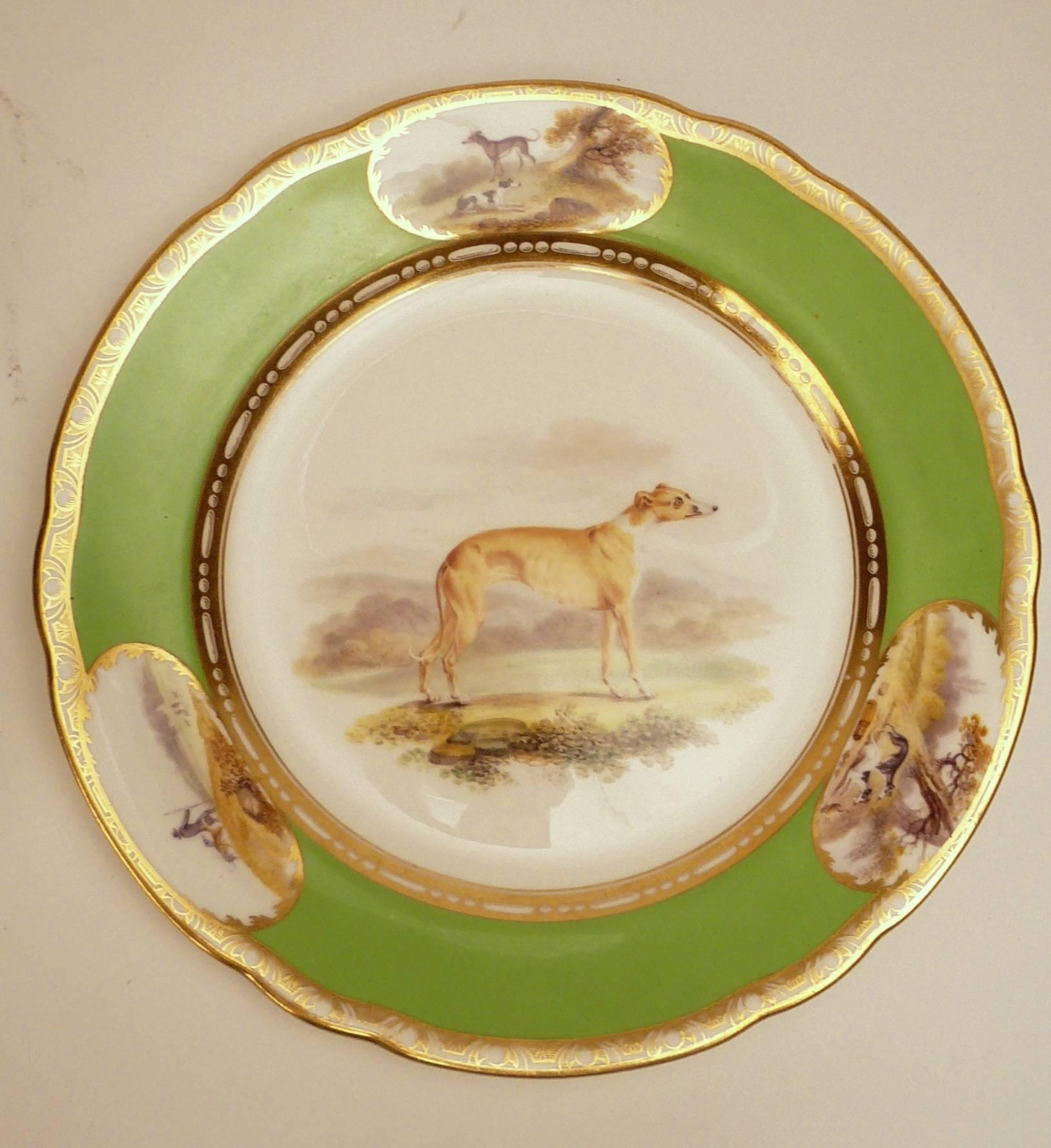 This fine pair of hand painted porcelain plates were painted by subscription, and were limited to an edition of thirty two, at the price of 20 guineas each. The plates feature well painted figures of greyhounds in a landscape, winners of the English