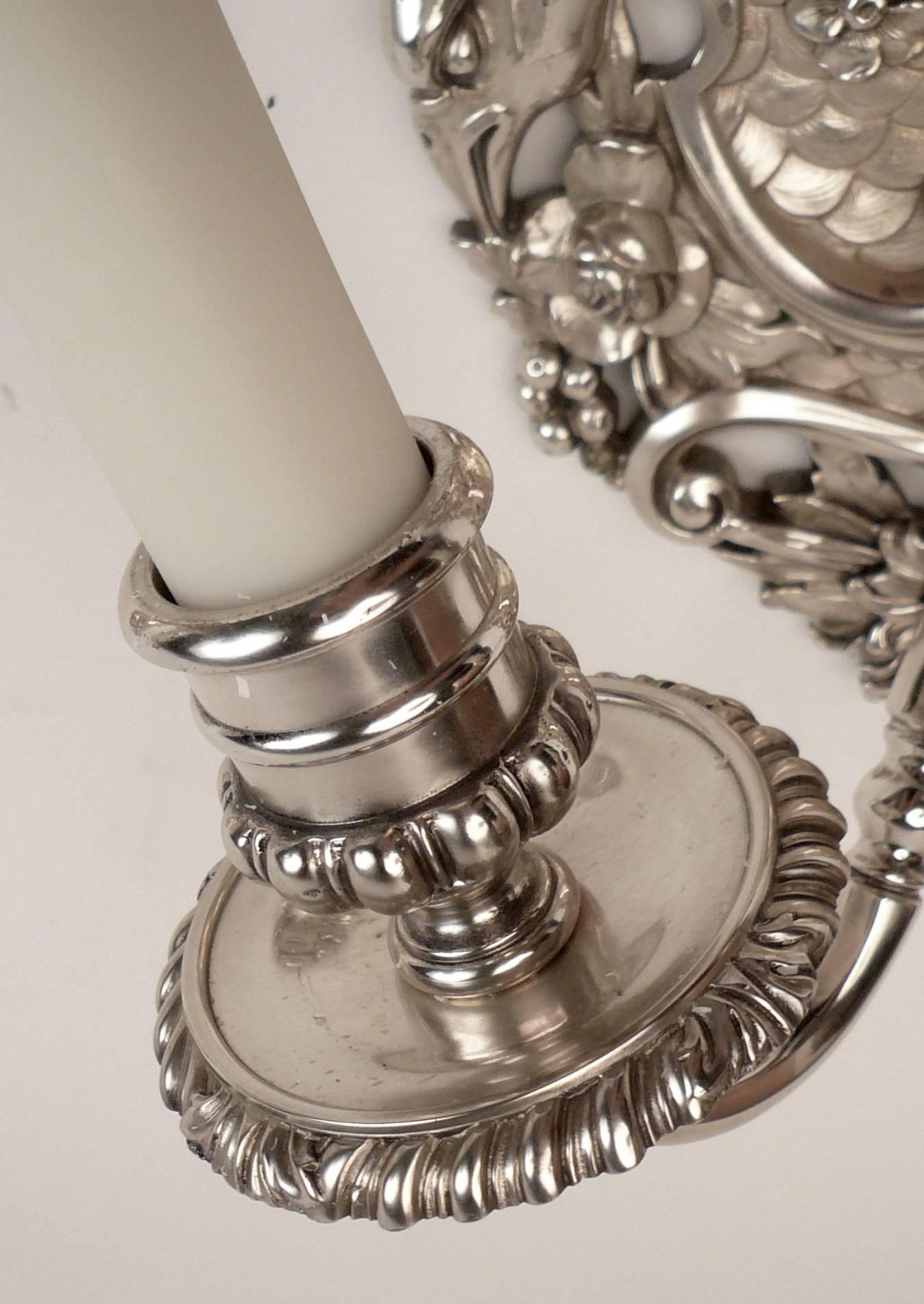 Pair of E. F. Caldwell Silvered Bronze Old English Style Twin Arm Sconces For Sale 2