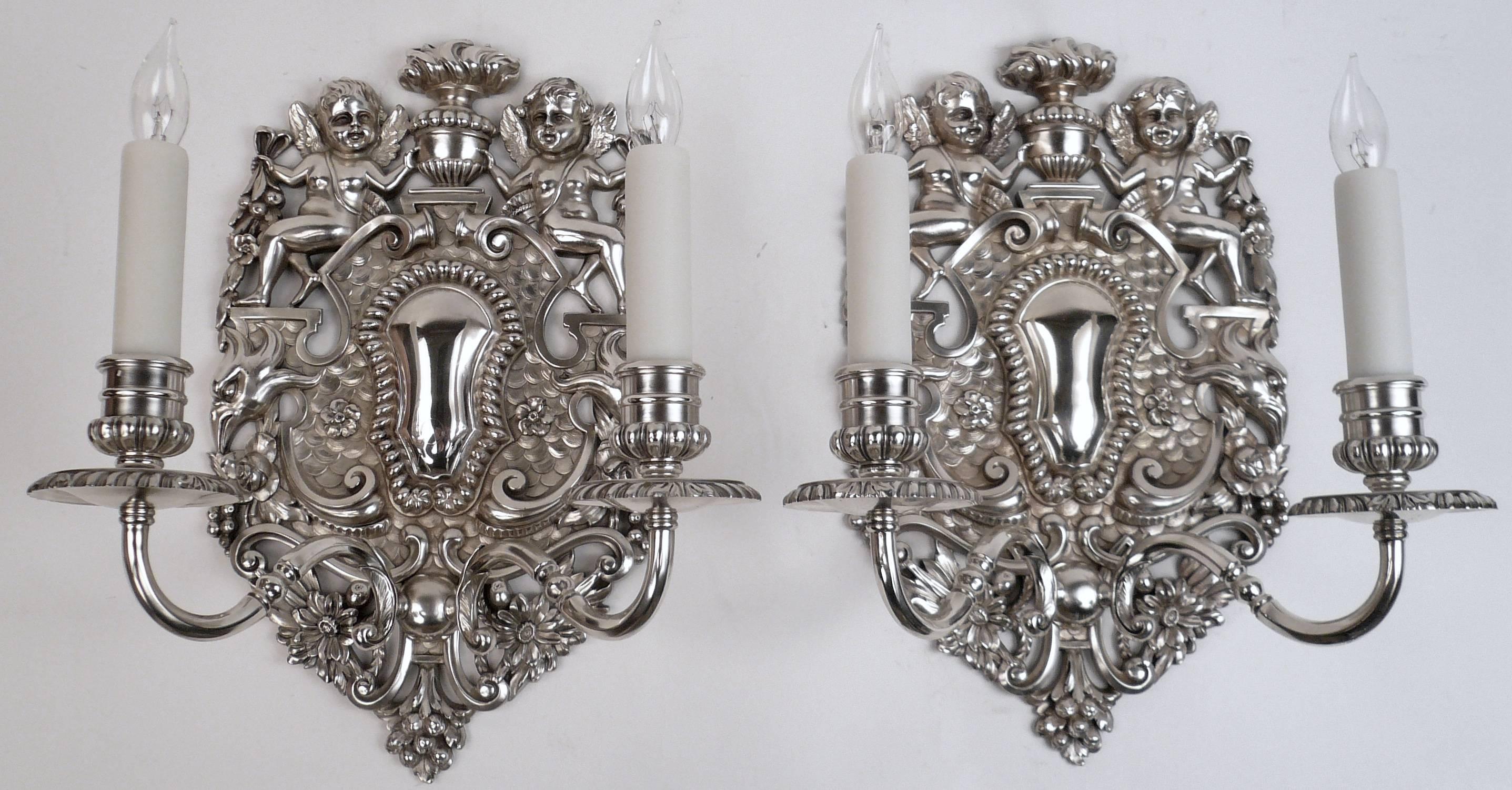 Pair of E. F. Caldwell Silvered Bronze Old English Style Twin Arm Sconces For Sale 4