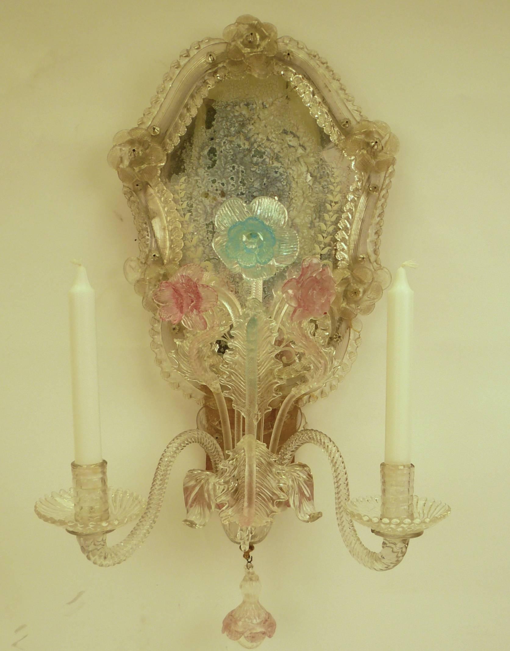 Italian Pair of Early 20th Century Venetian Glass Twin Arm Mirror Back Wall Sconces