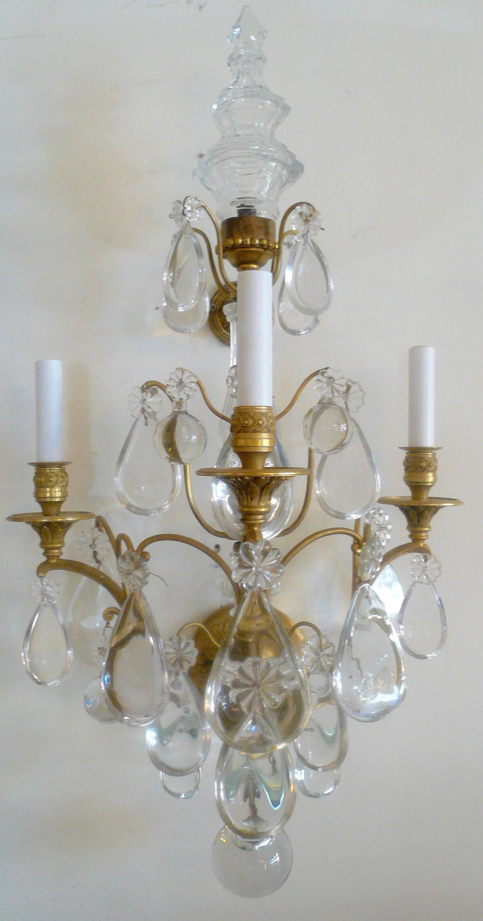 Large Pair of Three-Arm Gilt Bronze and Crystal Sconces In Excellent Condition In Pittsburgh, PA